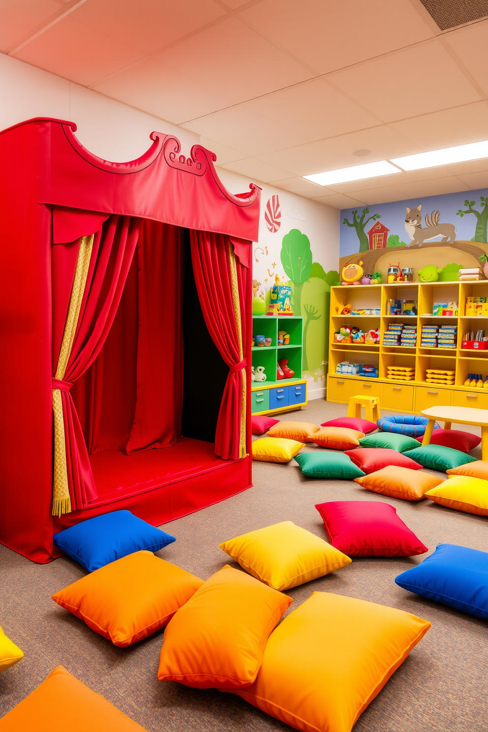 A vibrant red puppet theater stands in the corner of a spacious playroom filled with colorful cushions and playful decor. The theater features a classic curtain design and ample space for children to engage in imaginative storytelling. The playroom is designed with soft, durable flooring and walls adorned with whimsical murals. Brightly colored shelves are filled with toys and books, creating an inviting atmosphere for play and creativity.