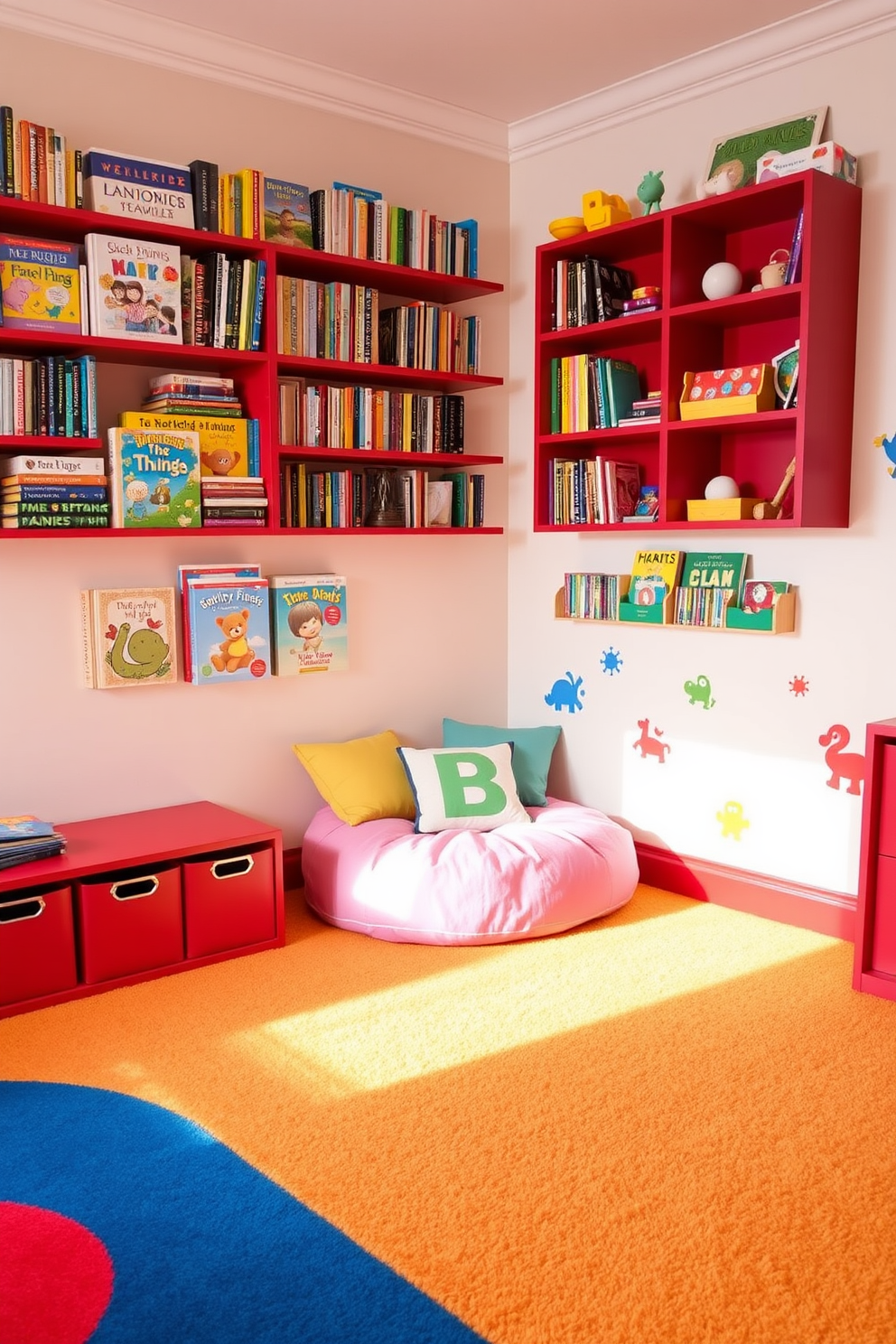 A vibrant playroom featuring red wall-mounted bookshelves filled with colorful children's books and toys. The floor is covered with a soft, plush carpet in bright primary colors, creating a fun and inviting atmosphere. In one corner, there is a cozy reading nook with oversized cushions and a playful bean bag chair. The walls are adorned with playful artwork and decals, adding to the whimsical theme of the space.