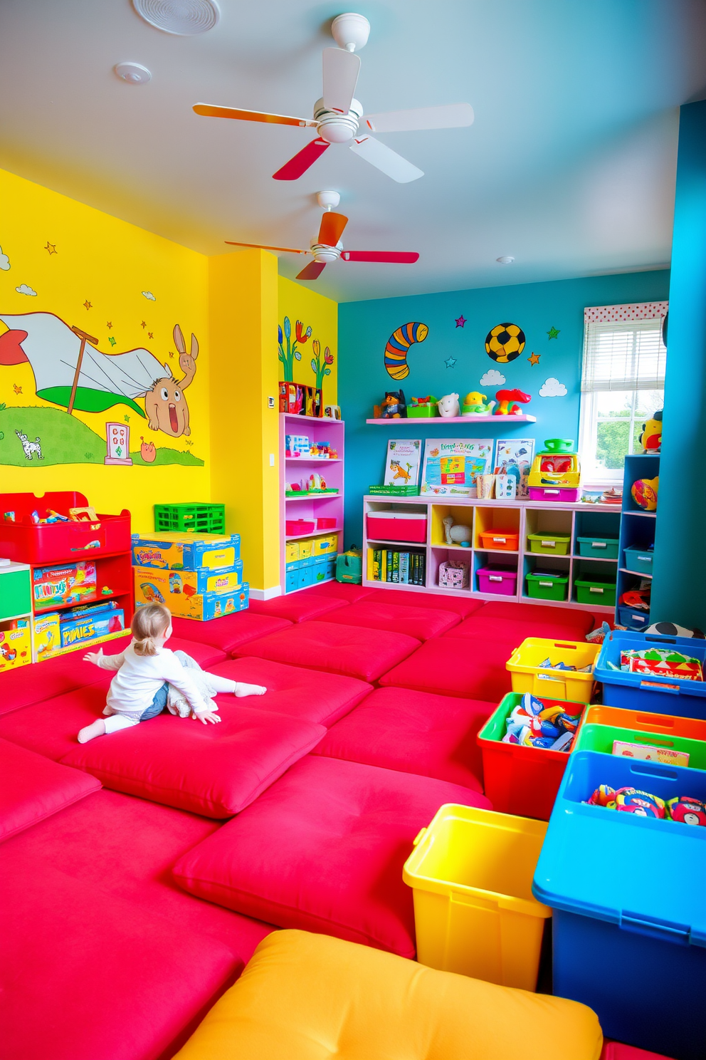 A vibrant playroom filled with energy and creativity. The floor is adorned with red memory foam cushions that provide comfort and a cozy atmosphere for children to play. The walls are painted in bright colors, featuring playful murals and interactive elements. A variety of toys and games are neatly organized in colorful bins, creating an inviting and fun space for kids.