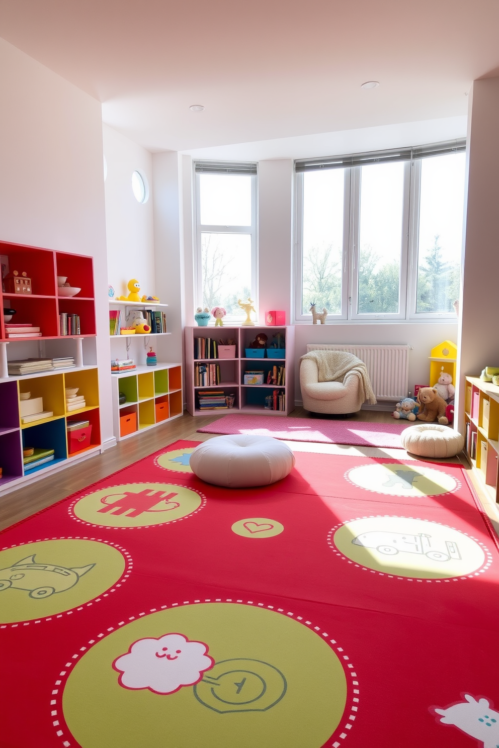 A vibrant playroom featuring a soft red play mat adorned with educational designs that stimulate learning and creativity. The walls are painted in a cheerful white, complemented by colorful shelving units filled with toys and books. In one corner, a cozy reading nook is created with plush cushions and a small bookshelf. Large windows allow natural light to flood the space, enhancing the playful atmosphere.