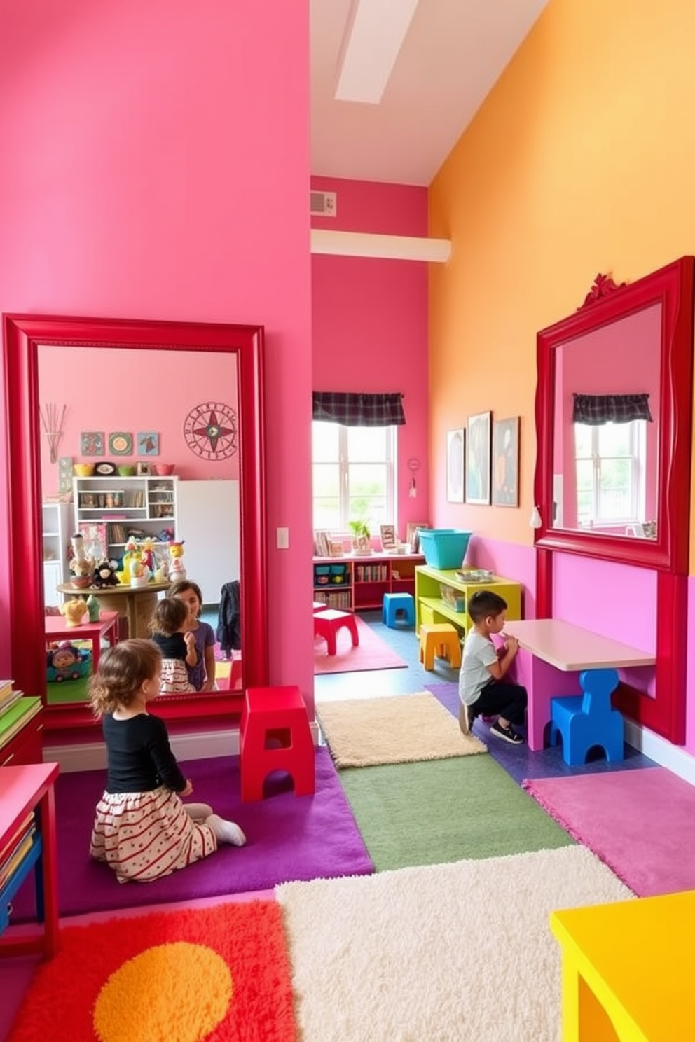 A vibrant playroom filled with energy and creativity. The walls are painted in bright colors, and the floor is covered with soft, colorful rugs for comfort. Two large red framed mirrors are mounted on opposite walls, reflecting the joyful chaos of the space. Brightly colored furniture and playful artwork adorn the room, creating an inviting atmosphere for children to explore and play.