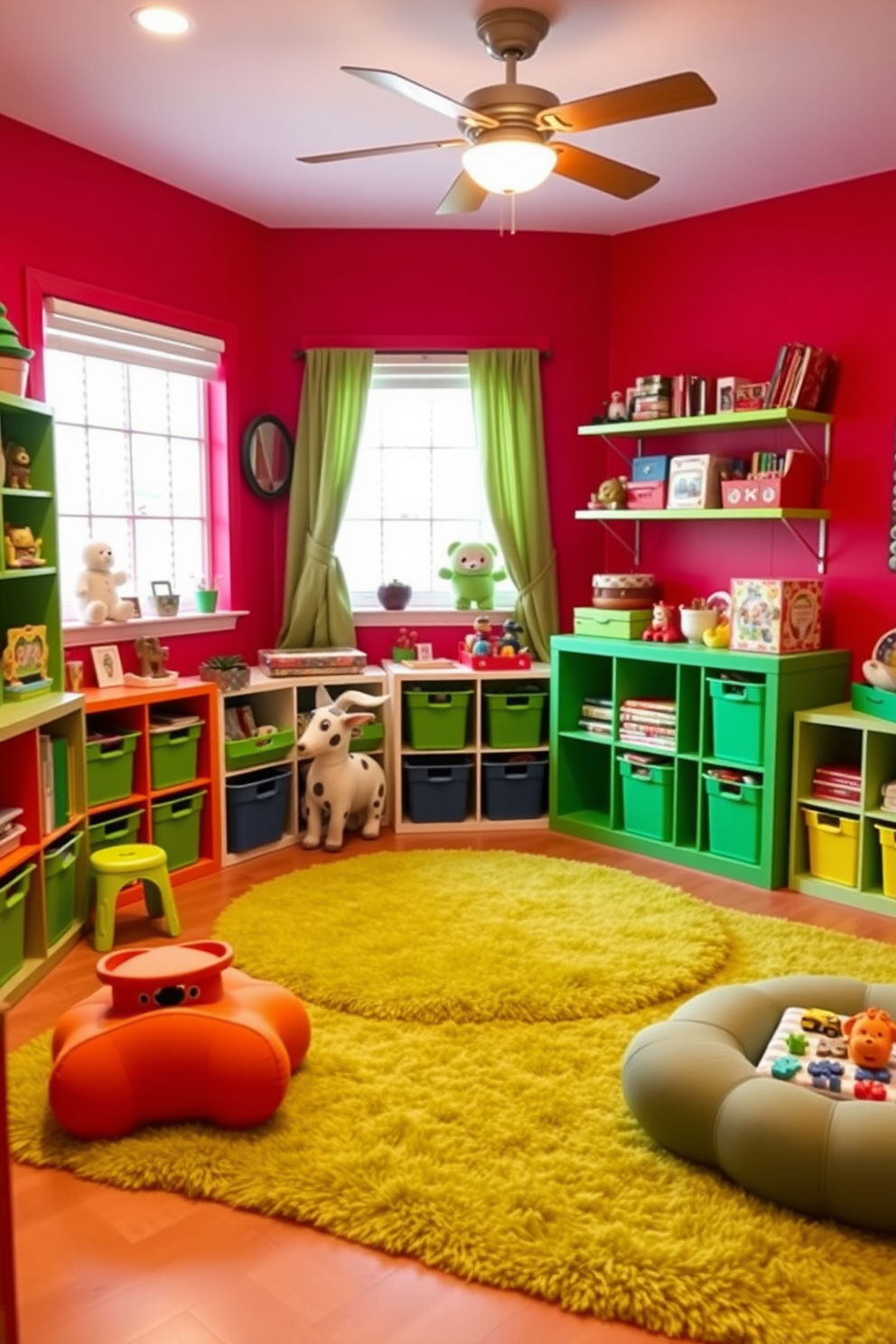 A vibrant playroom filled with energy and creativity. The walls are painted in a cheerful red, complemented by bright green accents in the furniture and decor. Soft, plush rugs in shades of green cover the floor, creating a cozy area for play. Colorful storage bins and shelves are filled with toys, books, and games, making the space both fun and organized.