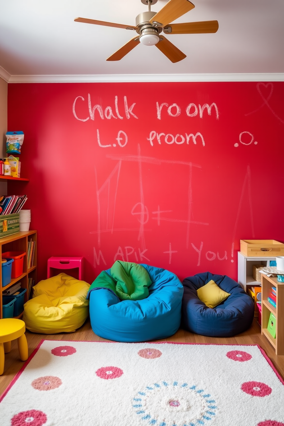 A vibrant playroom featuring a red chalkboard wall that invites creativity and artistic expression. The space is filled with colorful furniture, including a soft rug, playful bean bags, and shelves stocked with art supplies and toys.