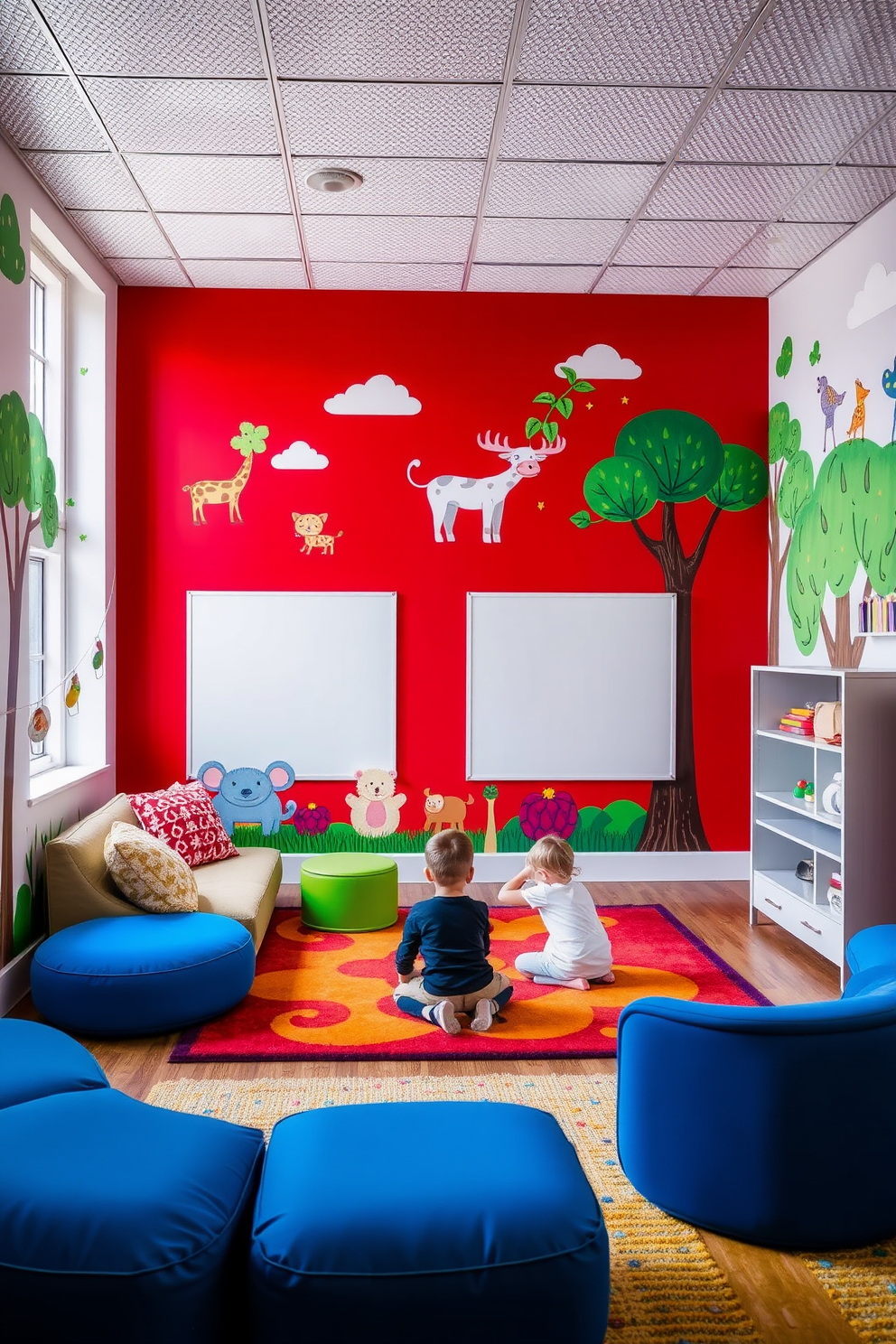 A vibrant playroom featuring a bold red accent wall adorned with playful murals of whimsical animals and trees. The space is filled with colorful rugs and soft seating to create a cozy atmosphere for children to explore and play.