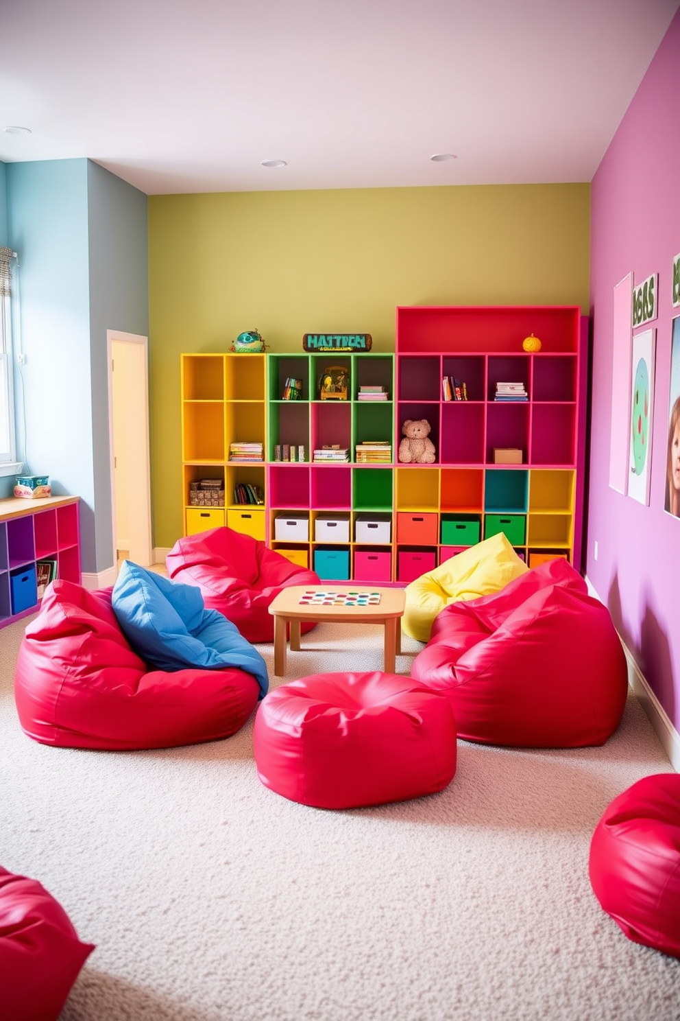 Colorful red bean bags for seating create a vibrant and playful atmosphere in a modern playroom. The walls are painted in cheerful pastel colors, and the floor is covered with a soft, plush carpet for comfort. In one corner, a low table is surrounded by the bean bags, providing a perfect space for games and activities. Brightly colored shelves are filled with toys and books, enhancing the fun and inviting feel of the room.