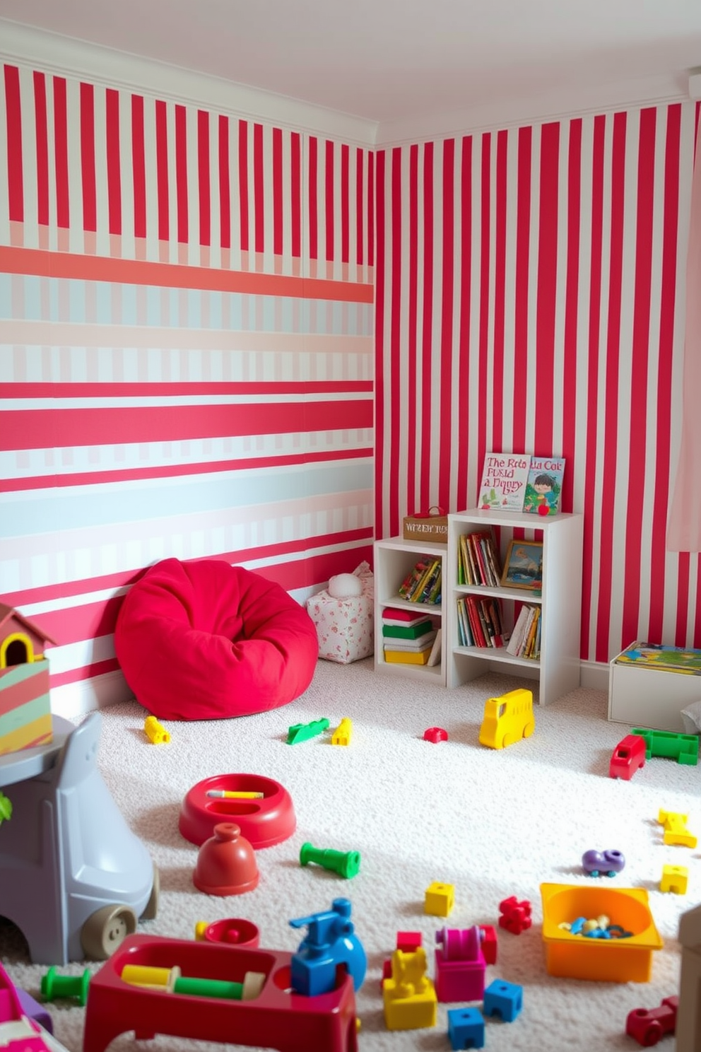 A playful playroom filled with energy and creativity. The walls are adorned with vibrant red and white striped wallpaper, creating a lively backdrop for fun activities. The room features a cozy reading nook with a soft red bean bag chair and a small white bookshelf filled with colorful books. Brightly colored toys are scattered across the floor, inviting children to engage in imaginative play.