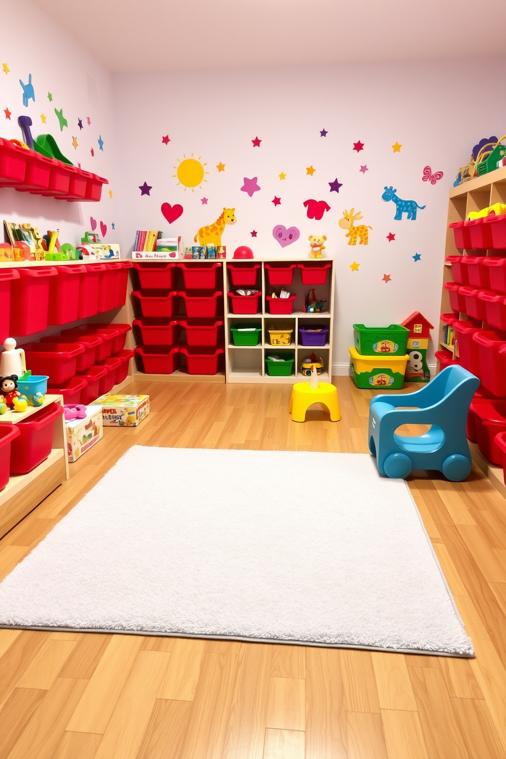 A vibrant playroom filled with creativity and fun. The room features red toy storage bins neatly arranged along the walls, providing a playful yet organized atmosphere. Colorful wall decals of animals and shapes adorn the walls, adding a whimsical touch. A soft area rug in bright colors covers the floor, creating a cozy space for children to play.