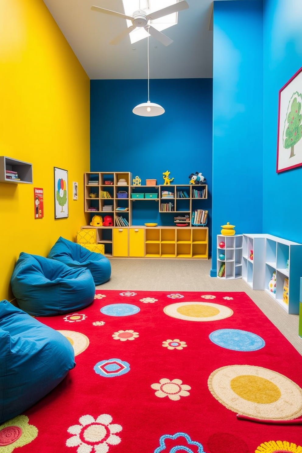 A vibrant playroom filled with creativity and comfort. The focal point is a large red rug adorned with fun patterns, providing a soft area for play and relaxation. Brightly colored walls in shades of blue and yellow enhance the cheerful atmosphere. Cozy bean bags and playful shelving units are strategically placed to encourage imaginative play.