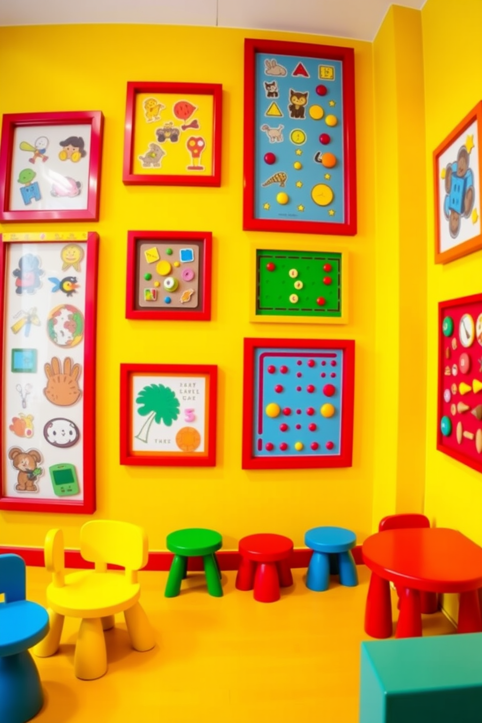 A vibrant playroom filled with interactive wall games framed in bold red. The walls are painted in a cheerful yellow, complemented by playful furniture in various shapes and sizes.