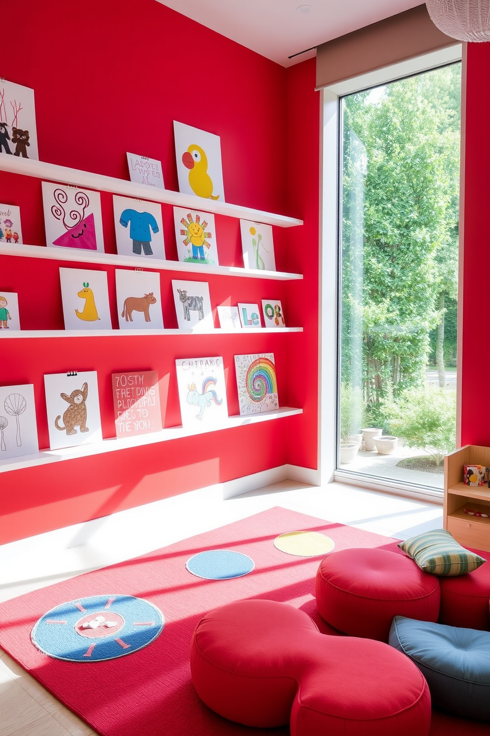 A vibrant red art display area showcases children's creations on a series of white shelves. The walls are painted in a bright red hue, creating an energetic atmosphere perfect for creativity and play. The playroom features colorful rugs and soft seating to encourage comfort and imagination. Large windows allow natural light to illuminate the space, enhancing the joyful ambiance.