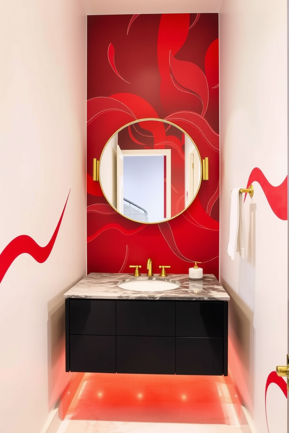 Artistic red mural for dramatic effect. The walls are adorned with a bold red mural featuring abstract shapes and flowing lines, creating a striking focal point. The powder room is designed with a sleek black vanity topped with a white marble sink. Gold accents in the fixtures and a large round mirror enhance the luxurious feel of the space.