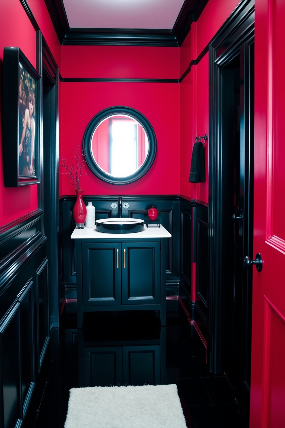 A classic red and black powder room features bold red walls adorned with elegant black wainscoting. A sleek black vanity with a white marble countertop complements the striking color palette, while a round mirror with a black frame adds sophistication. The floor is covered in glossy black tiles, reflecting the vibrant hues of the room. Accent pieces such as a red decorative vase and black towels create a cohesive and stylish atmosphere.