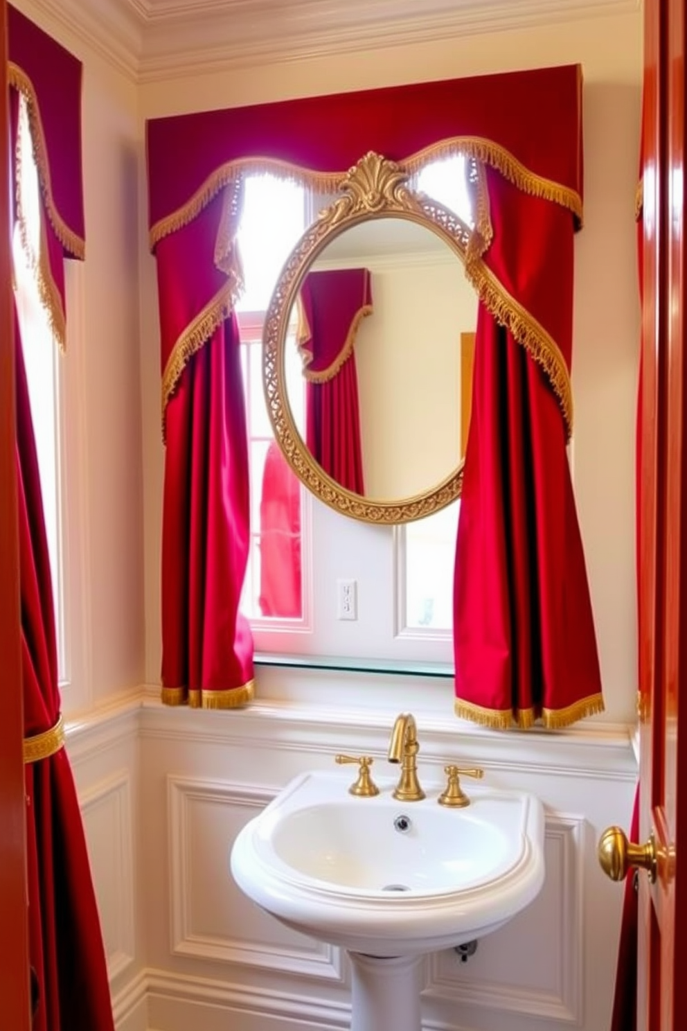 Luxurious red curtains with gold trim frame the windows of an elegant powder room. The walls are painted in a soft cream color, complementing the rich hues of the curtains and creating a warm, inviting atmosphere. The powder room features a stylish pedestal sink with a polished gold faucet. A round mirror with an ornate gold frame hangs above the sink, enhancing the luxurious feel of the space.