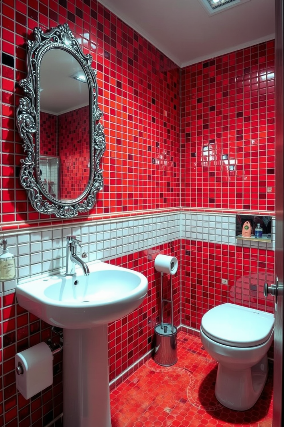 A vibrant powder room featuring red mosaic tiles that create a bold and energetic atmosphere. The walls are adorned with intricate tile patterns, and a sleek white pedestal sink adds a modern touch. A stylish mirror with a decorative frame hangs above the sink, reflecting the lively colors of the room. Soft lighting illuminates the space, enhancing the richness of the red tiles and creating an inviting ambiance.