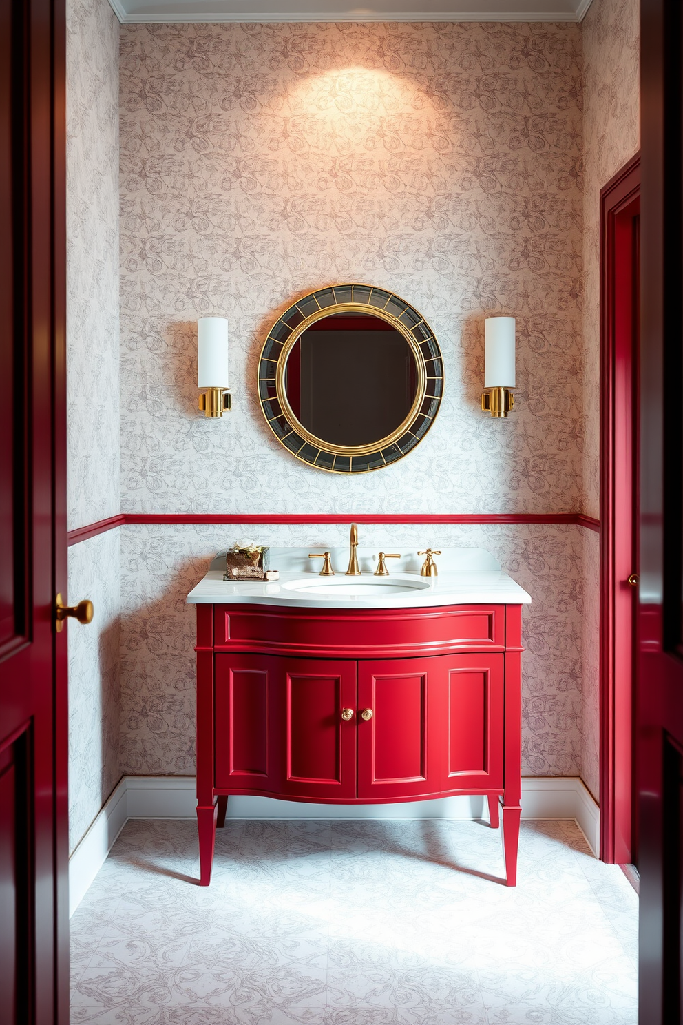 An elegant red vanity with a polished marble top sits against the wall, complemented by stylish gold fixtures. The walls are adorned with intricate wallpaper featuring a subtle floral pattern, enhancing the luxurious feel of the powder room. Soft ambient lighting illuminates the space, highlighting the rich tones of the vanity and the elegant details throughout. A chic round mirror with a decorative frame hangs above the vanity, adding a touch of sophistication to the overall design.