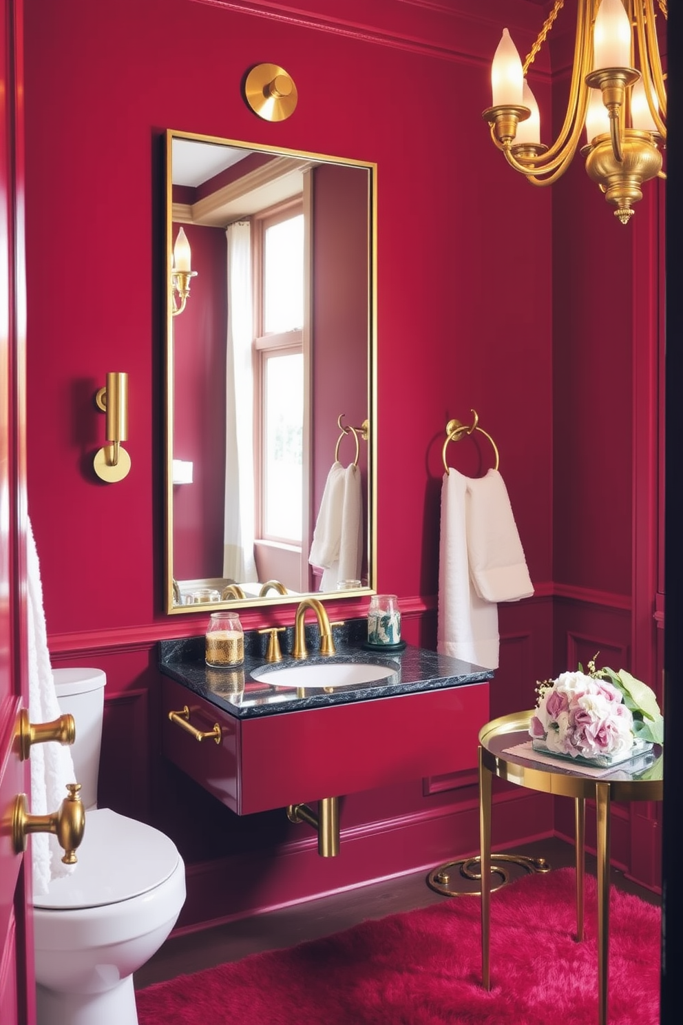 A luxurious red powder room features rich crimson walls adorned with elegant brass accents. A sleek brass-framed mirror hangs above a stylish vanity with a deep red finish, complemented by a chic brass faucet. The space is illuminated by a stunning brass chandelier that casts a warm glow throughout the room. A plush red rug lies beneath a small brass table, which holds a decorative arrangement of fresh flowers.