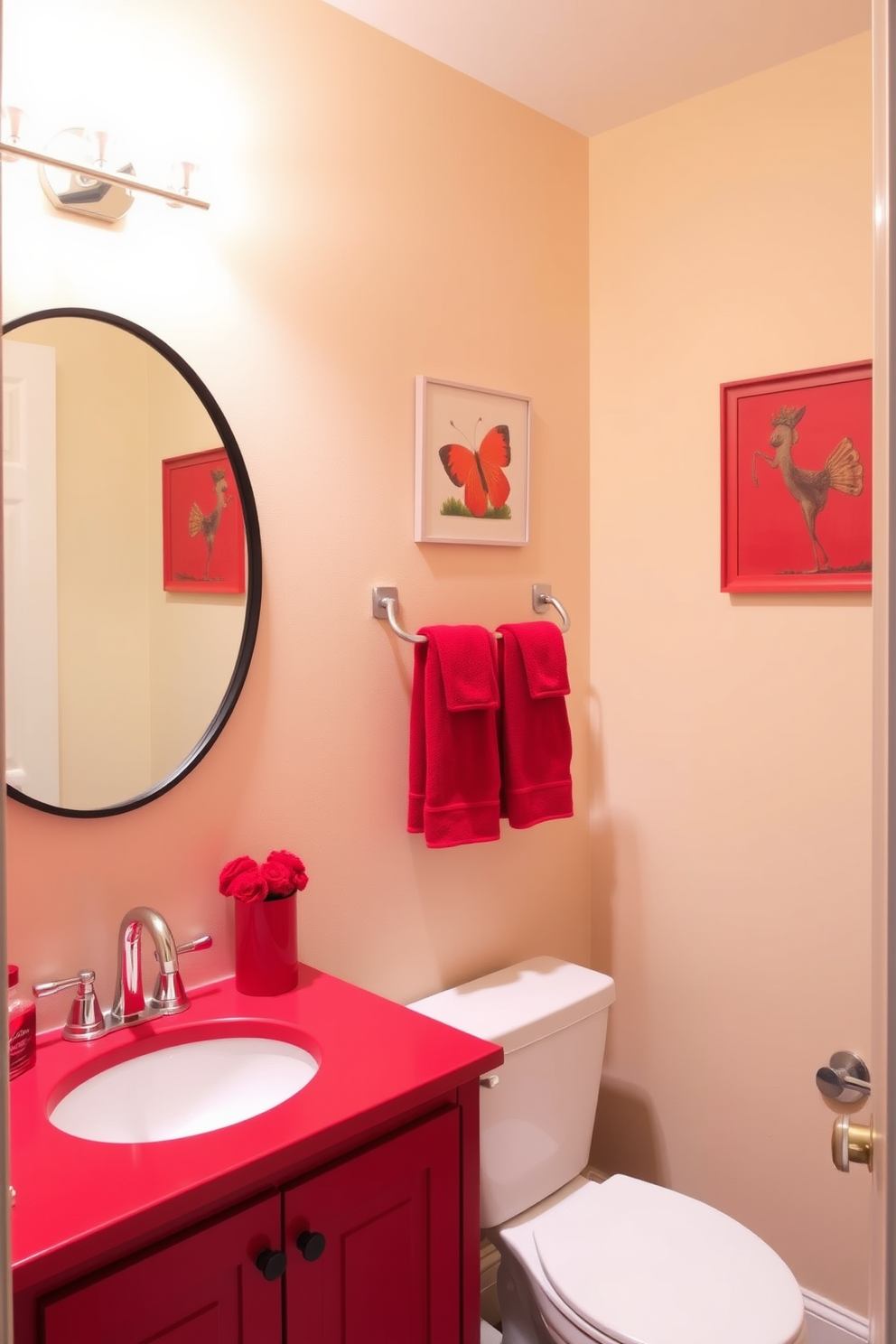 A playful red powder room featuring vibrant red accents against a backdrop of neutral tones. The walls are painted in a soft beige, complemented by a bold red vanity and matching accessories. The space includes a round mirror with a sleek black frame above the sink. Decorative elements like red towels and artwork add a whimsical touch to the overall design.