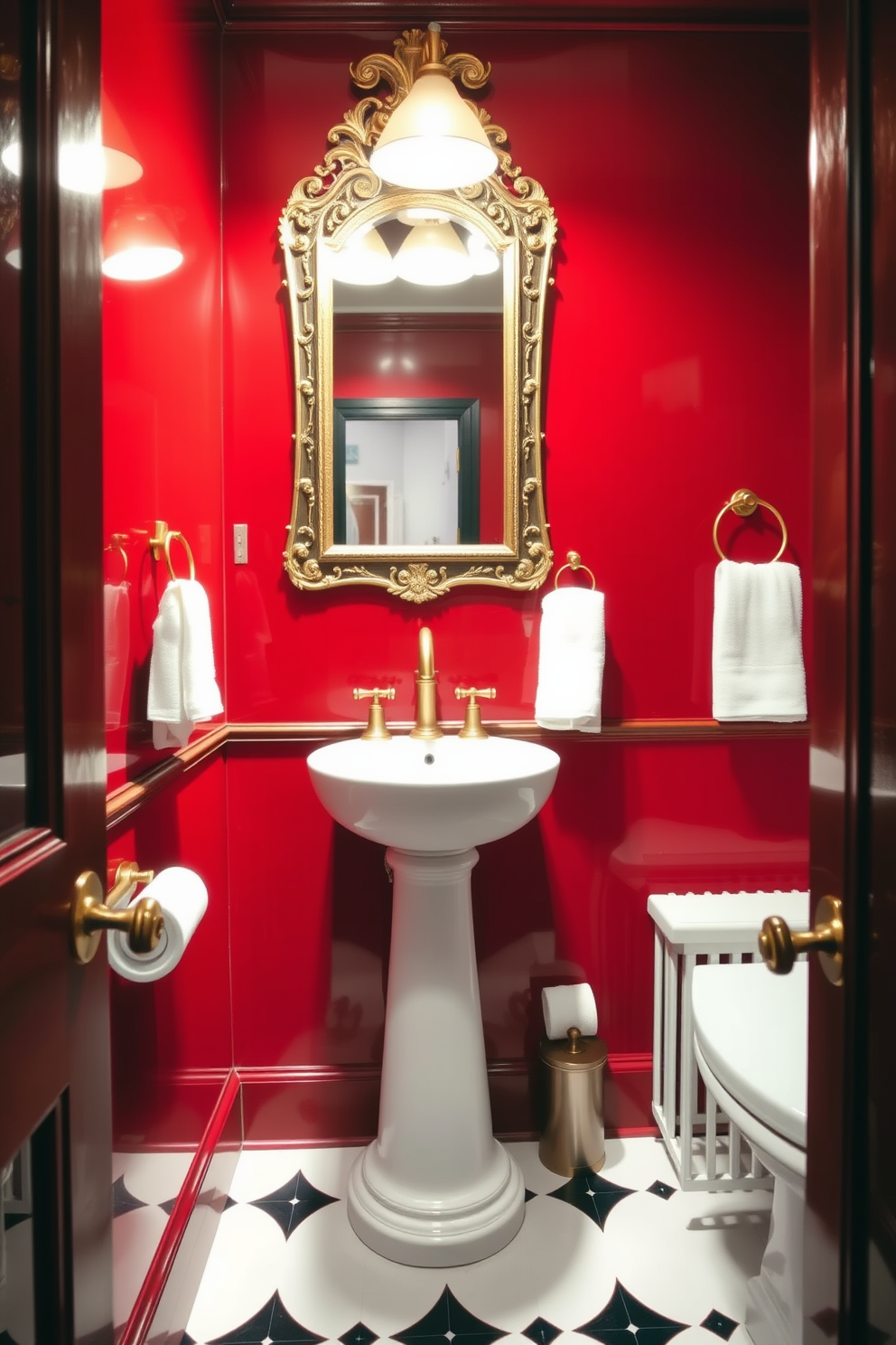 A stunning powder room featuring rich red paint with a glossy finish that reflects light beautifully. The space is accented with elegant gold fixtures and a sleek white pedestal sink that contrasts with the bold wall color. A decorative mirror with an ornate frame hangs above the sink, enhancing the luxurious feel of the room. The floor is adorned with black and white tiles, adding a classic touch to the vibrant design.