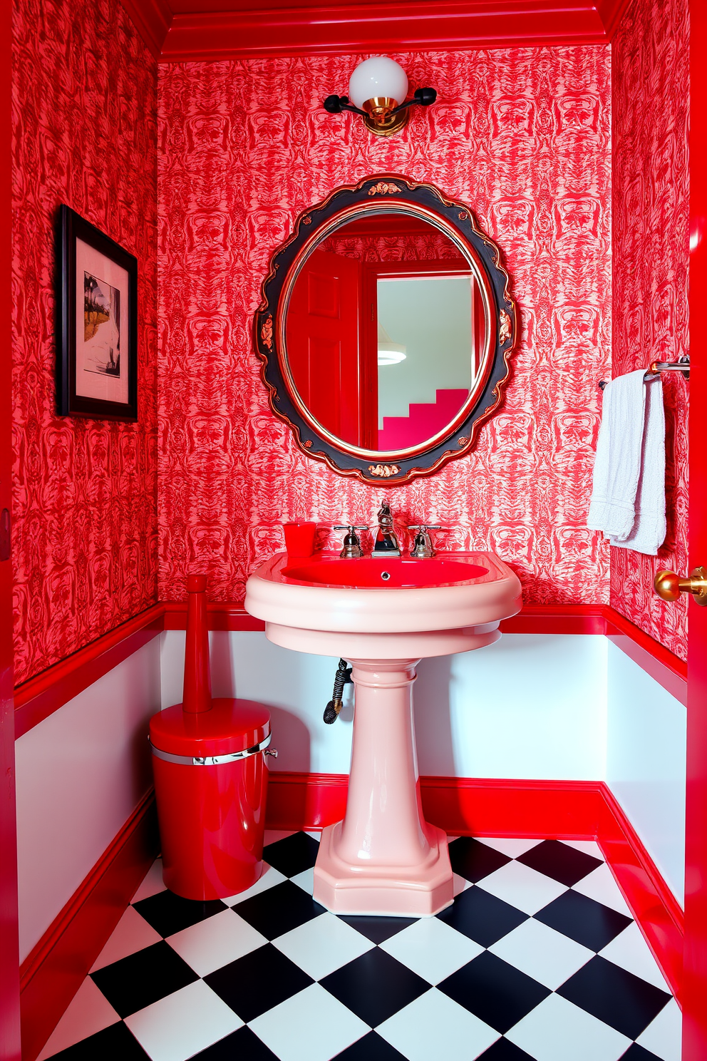 A vintage red powder room featuring bold red fixtures that evoke a retro vibe. The walls are adorned with patterned wallpaper in complementary colors, creating a striking backdrop for the vibrant elements. The floor showcases black and white checkered tiles, enhancing the nostalgic atmosphere. A classic pedestal sink with a shiny chrome faucet sits against the wall, flanked by a round mirror with an ornate frame.