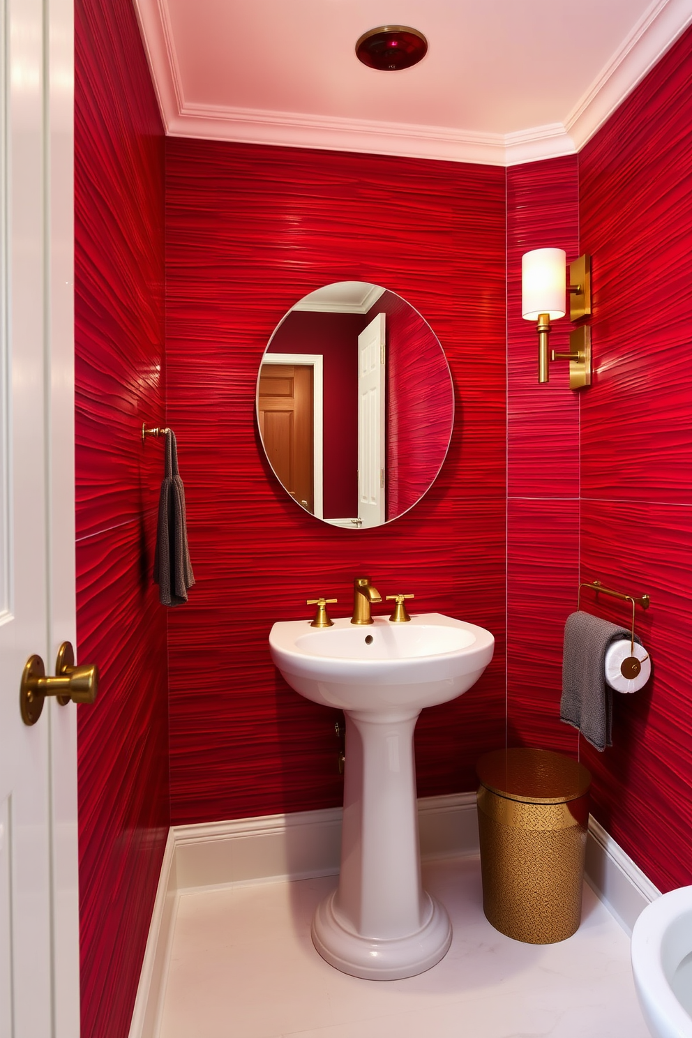 Textured red wall panels create a striking backdrop that adds depth and warmth to the space. The powder room features elegant fixtures and accessories that complement the rich tones of the walls. A stylish pedestal sink is centered against the textured wall, accented by sleek brass hardware. Soft lighting fixtures enhance the ambiance, casting a warm glow that highlights the room's design elements.