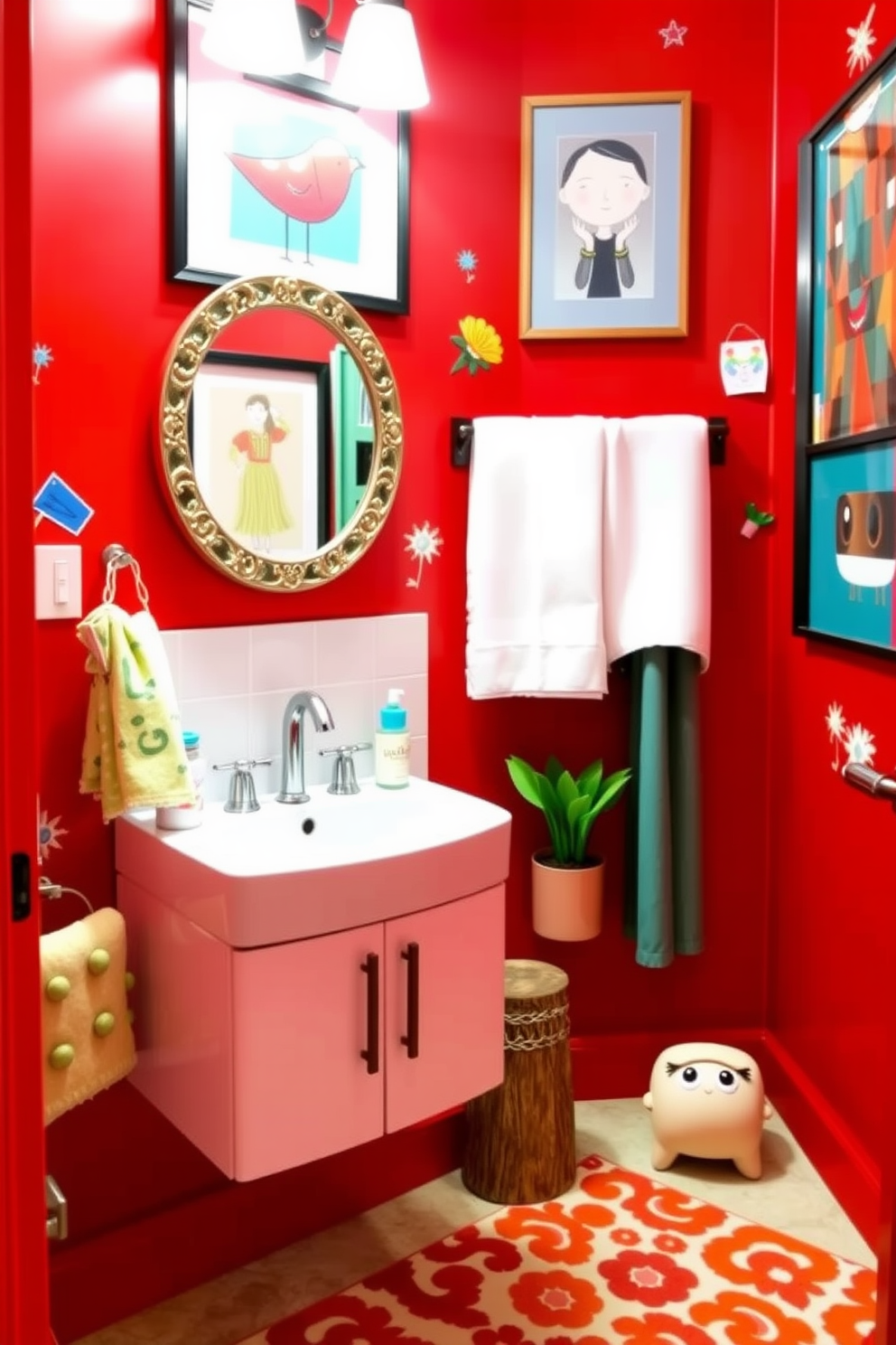 Whimsical red decor for a fun touch. The powder room features vibrant red walls adorned with playful artwork and quirky wall decals. A round mirror with a decorative frame hangs above a sleek white sink. The space is complemented by a bold patterned rug and playful accessories, creating an inviting and cheerful atmosphere.