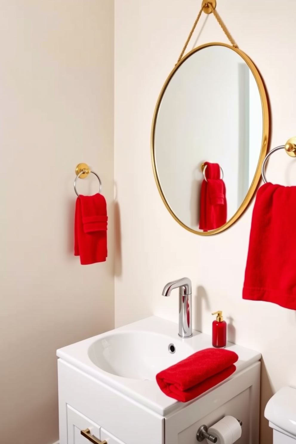 A chic powder room featuring bold red accent pieces that add a modern twist. The walls are painted in a soft neutral tone, while vibrant red accessories such as a sleek soap dispenser and plush hand towels create a striking contrast. The vanity showcases a contemporary design with a glossy white finish and a striking red backsplash. A stylish round mirror with a thin gold frame hangs above the sink, reflecting the room's elegant ambiance.