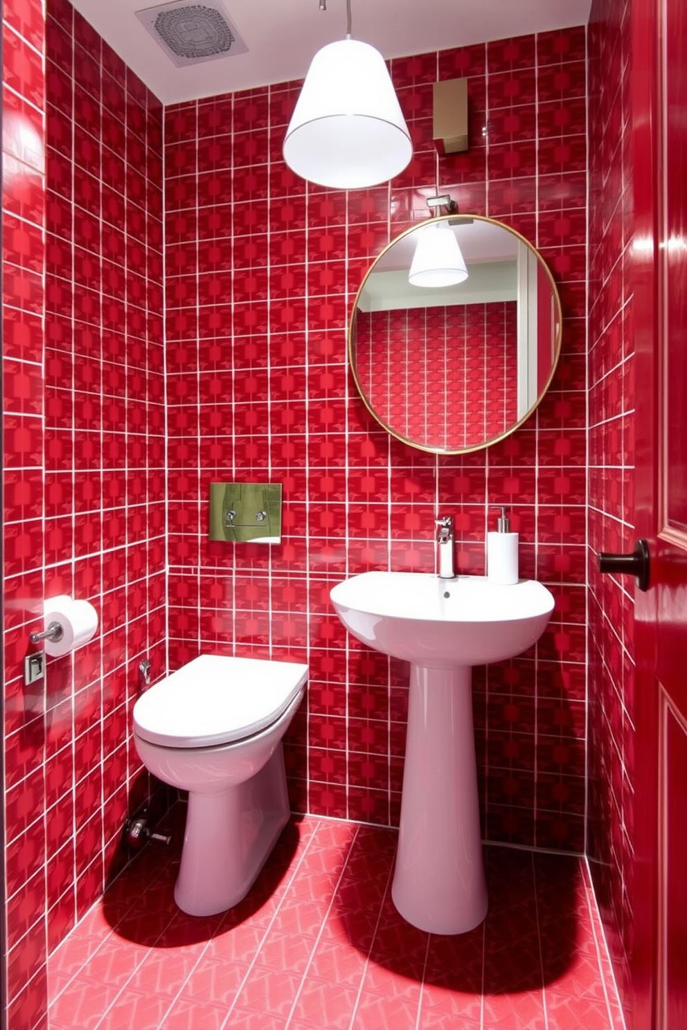 Chic red tiles with geometric patterns create a striking focal point in this stylish powder room. The walls are adorned with bold, patterned tiles that add a vibrant touch, while sleek white fixtures provide a clean contrast. A modern pedestal sink sits against the wall, complemented by a round mirror with a minimalist frame. Soft lighting from a contemporary fixture casts a warm glow, enhancing the rich hues of the red tiles.