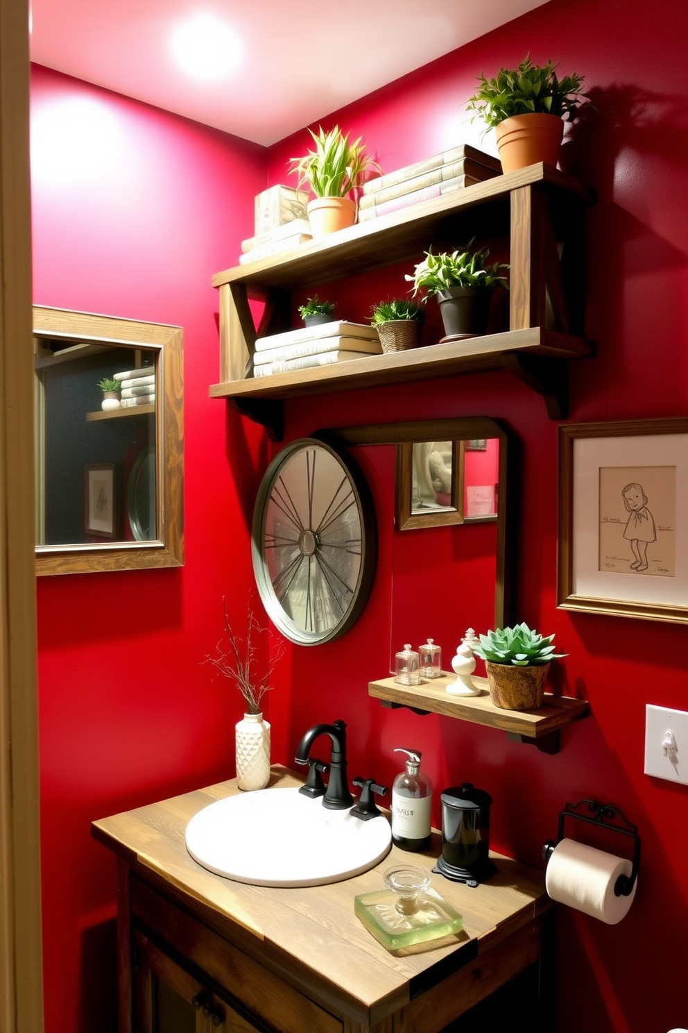 Rustic wooden shelves are mounted against vibrant red walls, creating a warm and inviting atmosphere. The shelves are adorned with an assortment of decorative items, including potted plants and vintage books. The powder room features a charming sink with a rustic wooden vanity, complemented by a stylish mirror above. Soft lighting enhances the rich red tones, while decorative accents add a touch of elegance to the space.