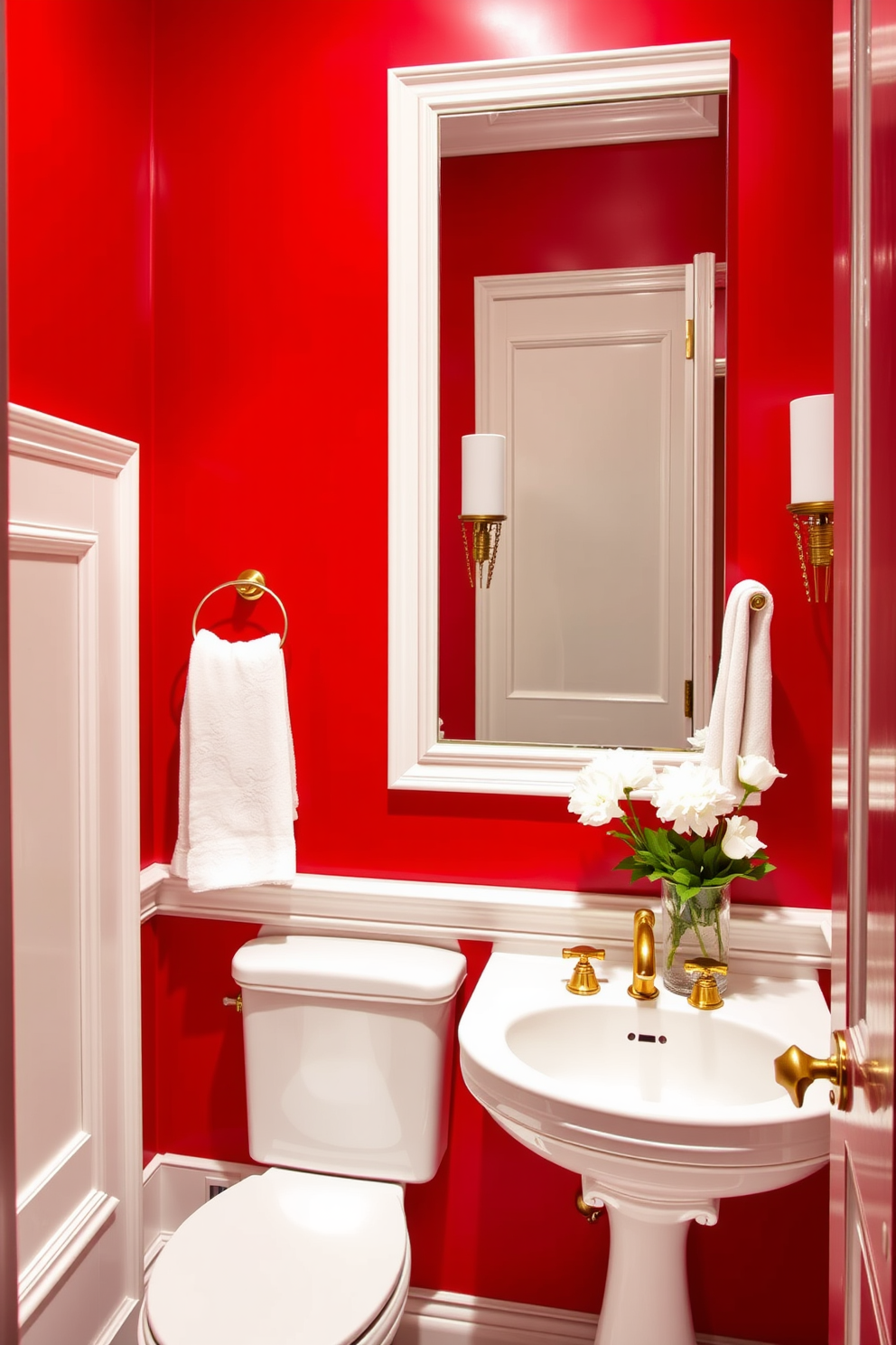 A bright red powder room featuring bold contrasting fixtures. The walls are painted in a vibrant red hue, creating a striking backdrop for elegant white and gold accents.