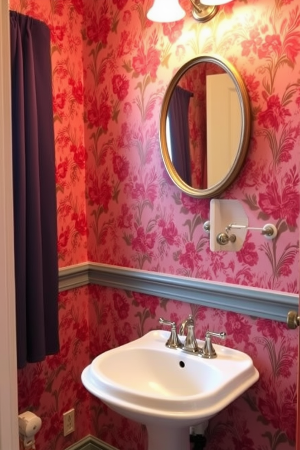 A cozy powder room adorned with red floral wallpaper that creates a warm and inviting atmosphere. The space features a vintage-style pedestal sink with a polished chrome faucet and a small round mirror framed in antique gold.