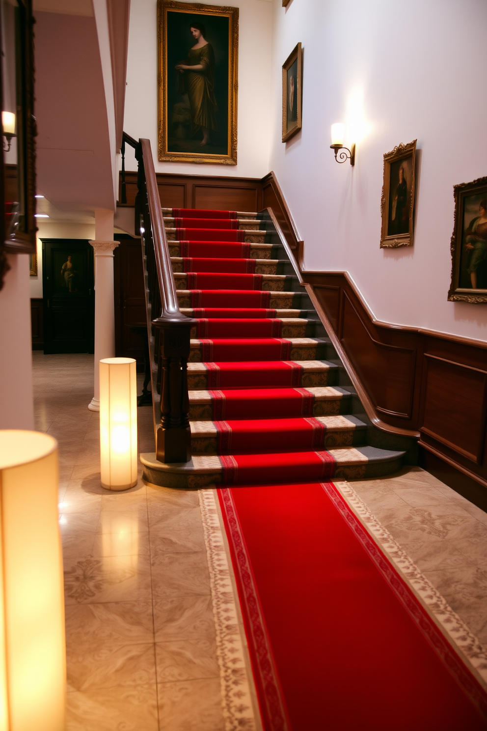 A bold red carpet runner cascades down a grand staircase, enhancing the elegance of the space. The staircase features ornate wooden railings and is surrounded by soft, ambient lighting that highlights the rich color of the runner. The walls are painted in a crisp white, providing a striking contrast to the vibrant red. Decorative artwork lines the walls, adding a touch of sophistication to the overall design.