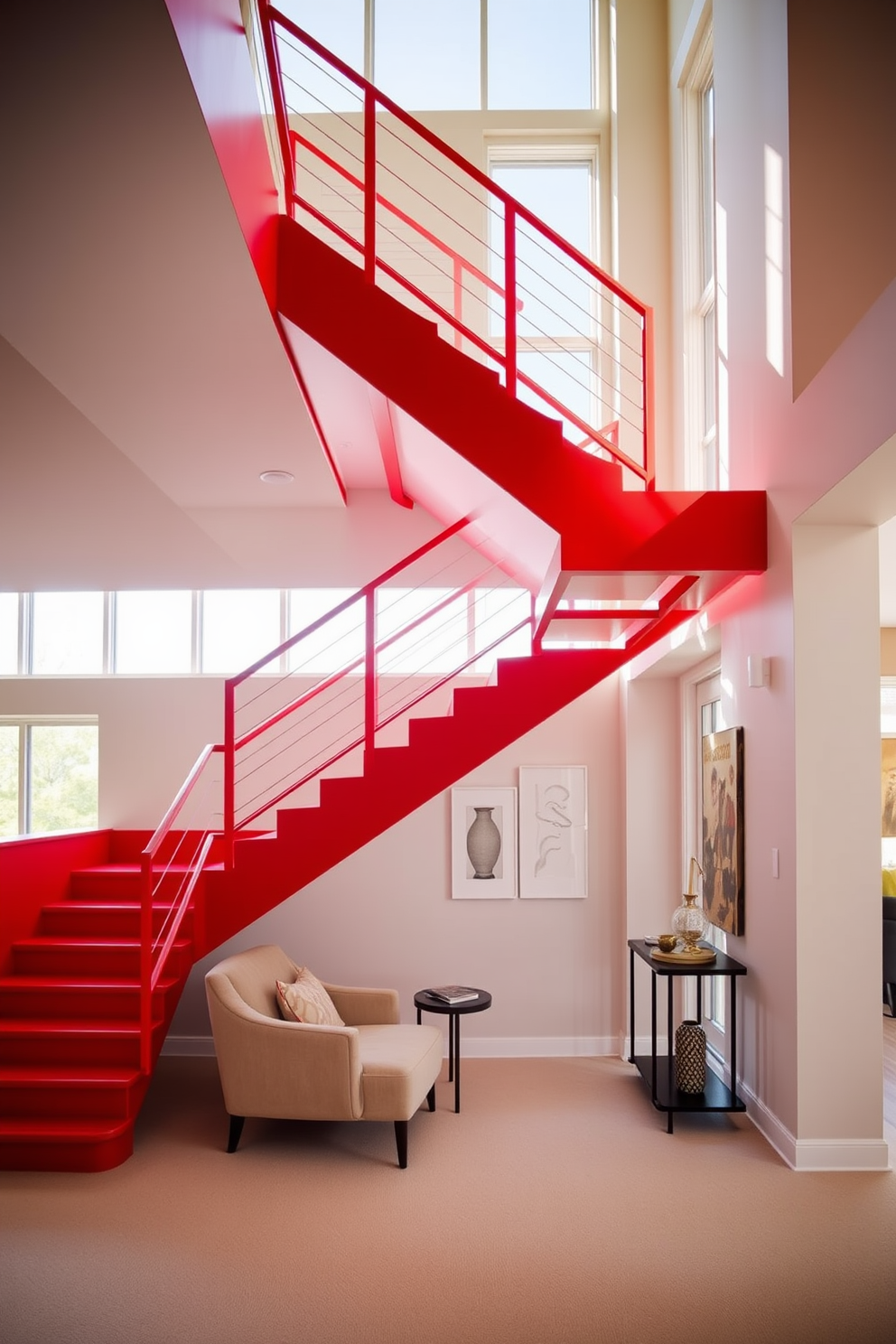 A bright red staircase serves as a stunning focal point in an open concept home. The staircase features sleek modern railings and is illuminated by natural light pouring in from large windows. The surrounding space boasts a minimalist design with neutral tones that accentuate the vibrant red. Below the staircase, a cozy reading nook is created with a plush chair and a small side table, inviting relaxation.