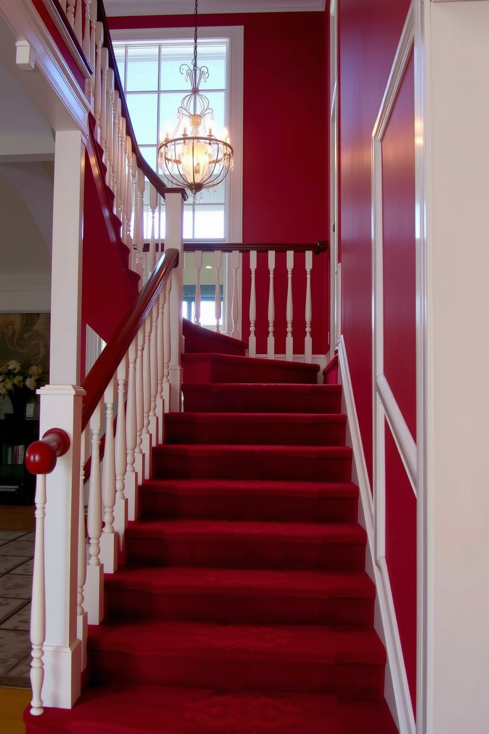 A traditional red staircase with classic balusters creates a striking focal point in the entryway. The rich red hue of the stairs is complemented by the elegant white balusters, adding a timeless charm to the space. The staircase is adorned with a plush runner that features intricate patterns, enhancing its visual appeal. Soft lighting from a nearby chandelier casts a warm glow, highlighting the craftsmanship of the balusters and the beauty of the staircase design.