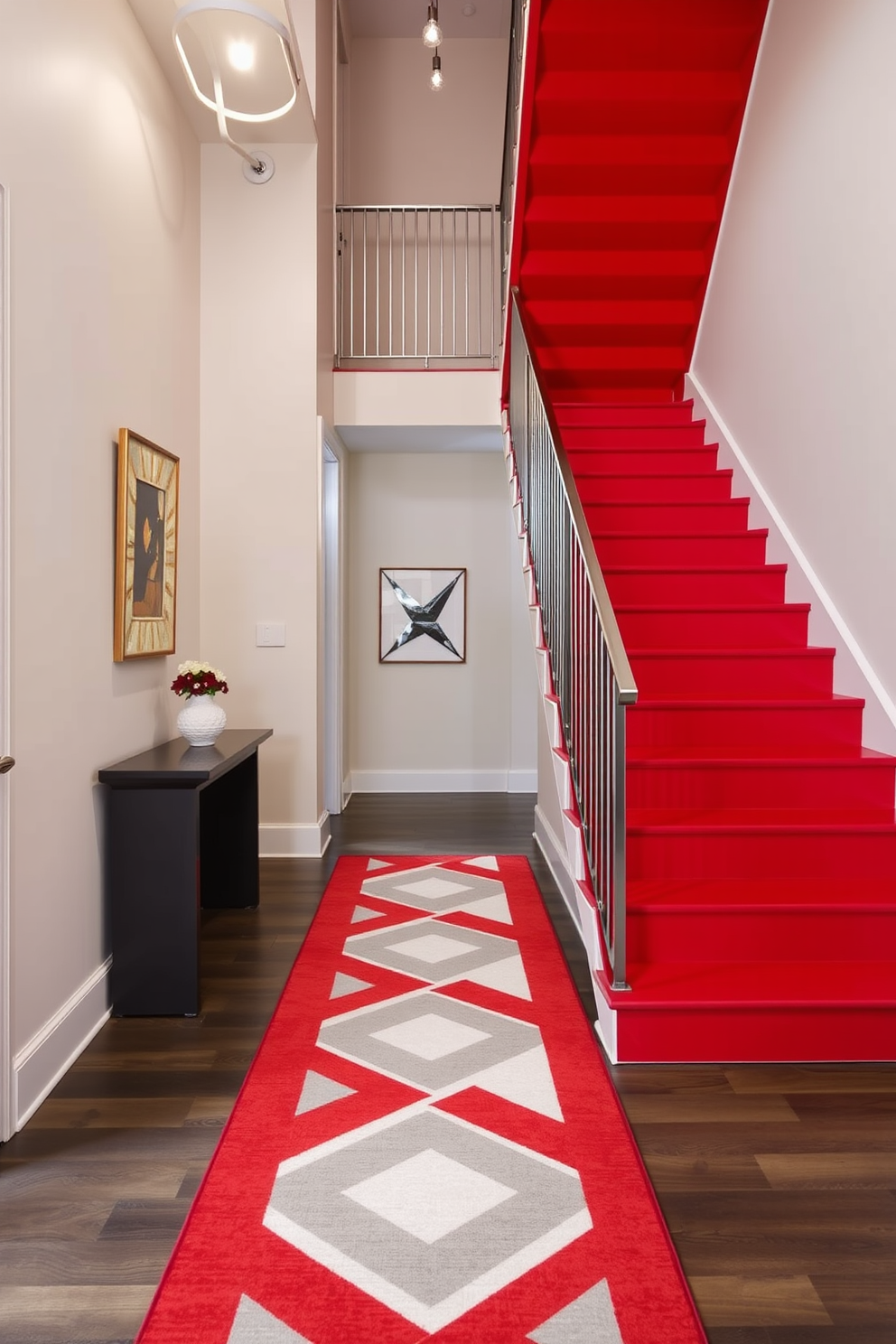 Chic red staircase featuring bold geometric patterns that create a striking visual impact. The staircase is complemented by sleek metal railings and modern lighting fixtures that enhance its contemporary aesthetic. The walls adjacent to the staircase are painted in a neutral tone to allow the red to stand out. A stylish runner rug with geometric designs adds warmth and texture to the space, making it inviting and dynamic.