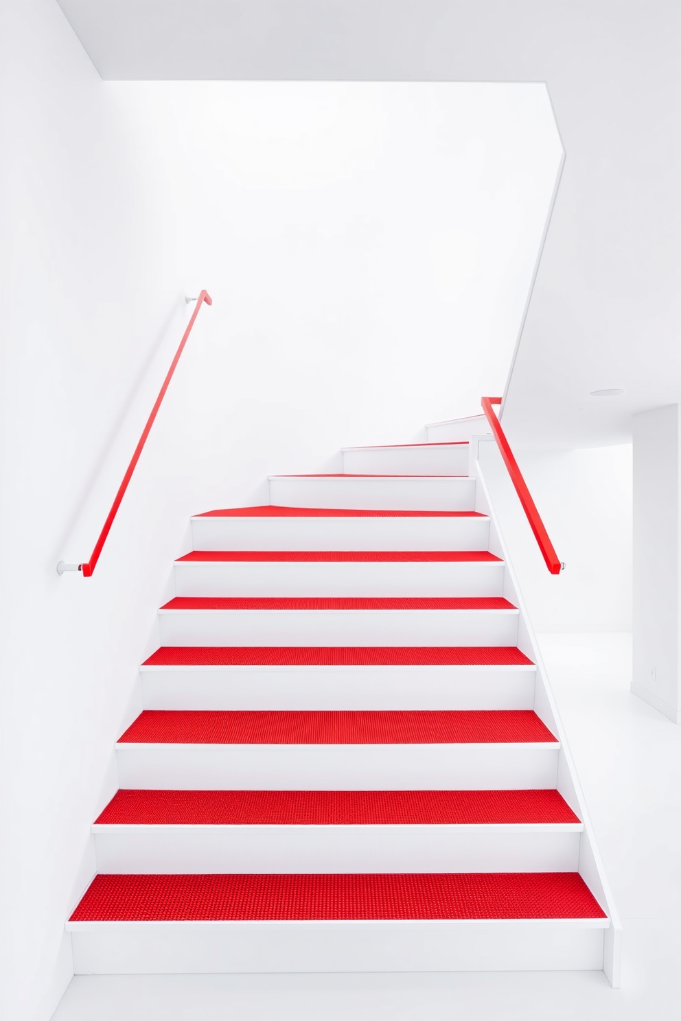 A striking staircase design featuring sleek white stairs with bold red stair treads. The red treads create a vibrant contrast against the minimalist white backdrop, enhancing the modern aesthetic of the space.