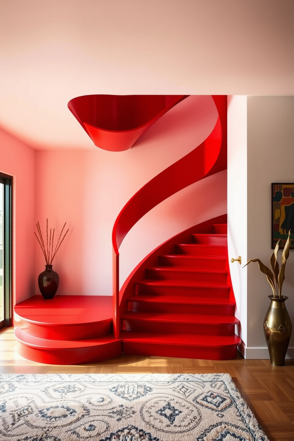 Artistic red staircase with unique shapes. The staircase features flowing curves and sharp angles, creating a dynamic visual impact in the space. The bold red color adds warmth and vibrancy, making it a focal point in the room. Surrounding the staircase, minimalist decor enhances its artistic appeal while maintaining an open and airy feel.