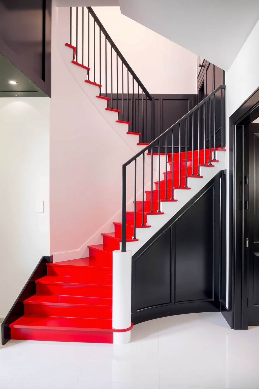 A striking staircase features a bold red and black color scheme. The steps are painted in a vibrant red, while the railing is finished in a sleek black, creating a dramatic contrast. The walls adjacent to the staircase are adorned with black paneling, enhancing the modern aesthetic. Soft lighting highlights the red accents, making the staircase a stunning focal point in the entryway.