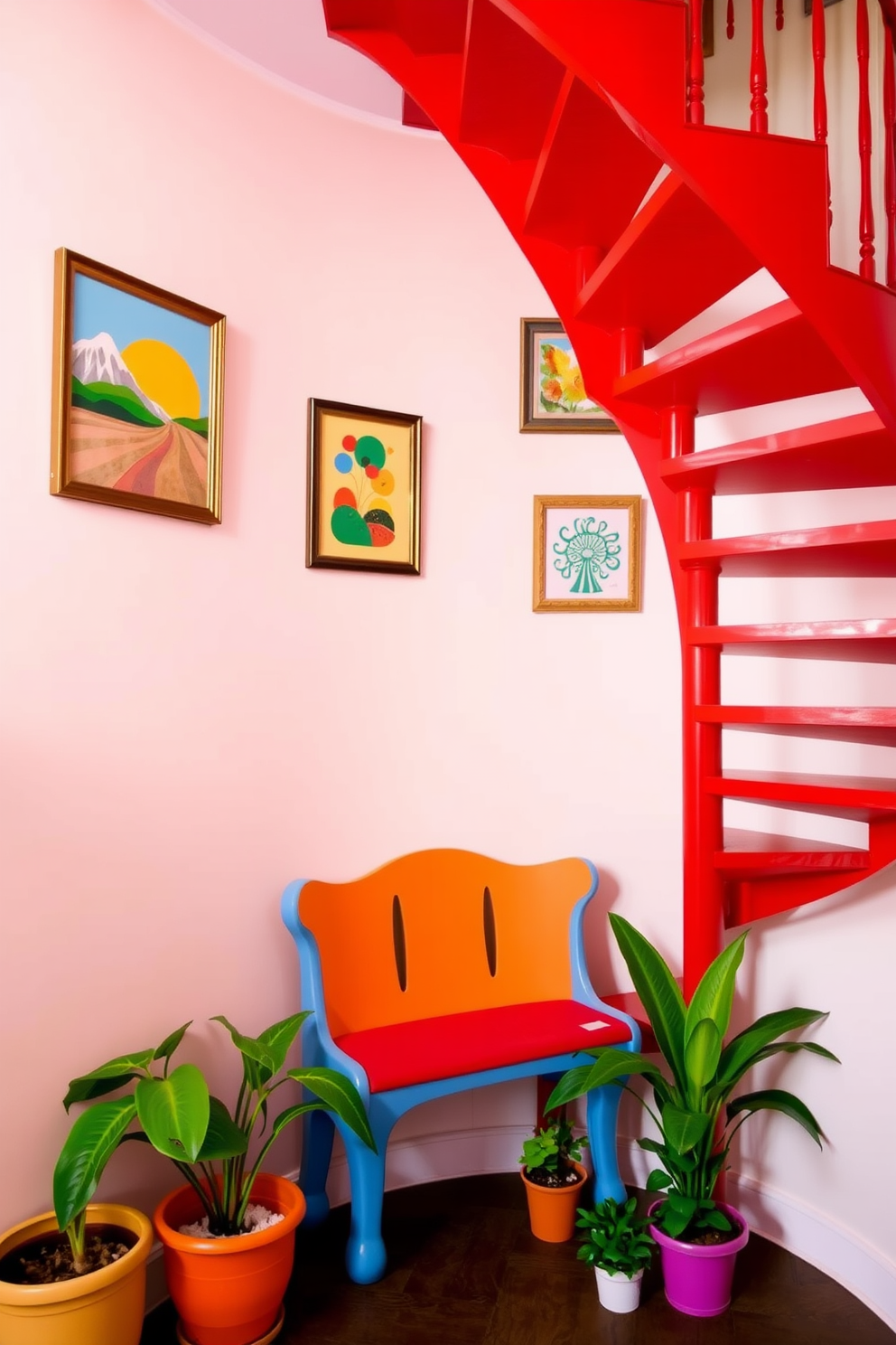 A whimsical red staircase spirals elegantly upwards, adorned with playful decor that sparks joy. The walls are painted in soft pastels, featuring framed artwork of vibrant landscapes and cheerful abstract designs. At the base of the staircase, a quirky bench in a contrasting color invites guests to pause and admire the view. Colorful potted plants line the steps, adding a touch of nature and warmth to the lively atmosphere.