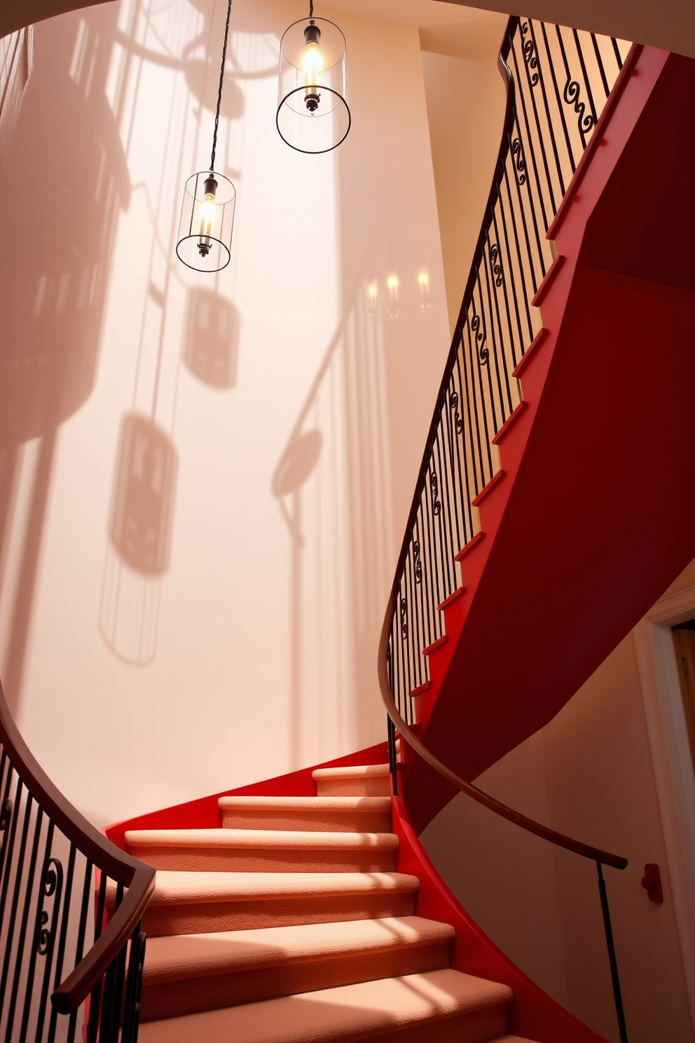 A stunning red staircase spirals gracefully upward, illuminated by dramatic pendant lights that cast intriguing shadows on the walls. The rich red hue of the staircase contrasts beautifully with the sleek white walls, creating a bold focal point in the entryway. The staircase features elegant wrought iron railings that enhance its grandeur while ensuring safety. Plush carpeting in a complementary shade lines the steps, adding a touch of luxury and comfort to the overall design.