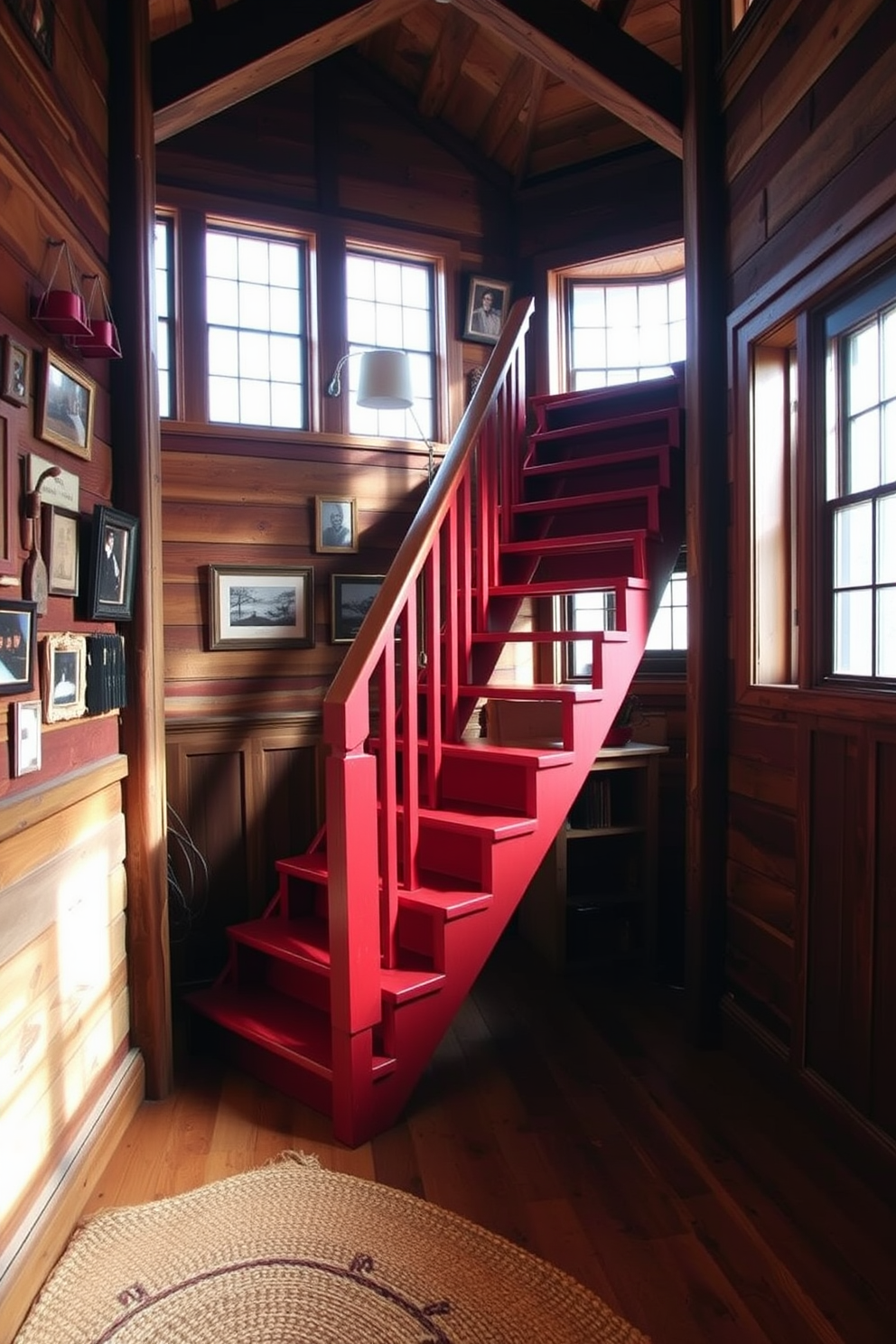 A rustic red staircase leads up through a cozy cabin, made from reclaimed wood with a weathered finish. The surrounding walls are adorned with vintage photographs and wooden beams, creating a warm and inviting atmosphere. Natural light pours in through large windows, illuminating the rich red tones of the staircase. Below, a woven rug adds texture to the wooden floor, enhancing the cabin's rustic charm.