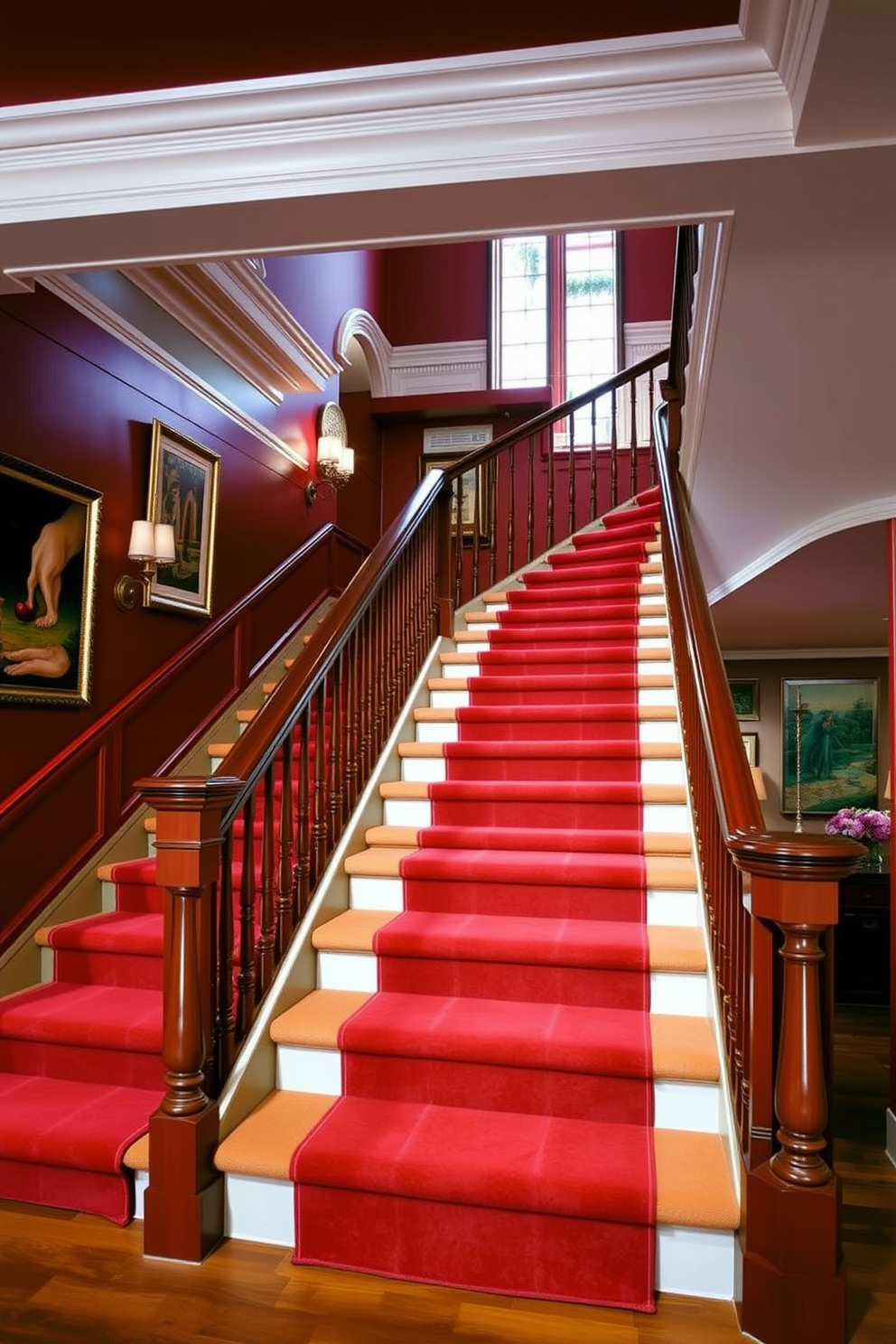 A sophisticated red staircase featuring elegant crown molding that adds a touch of luxury to the space. The staircase is complemented by rich wooden banisters and a plush runner that enhances its opulence. The walls surrounding the staircase are adorned with tasteful artwork that reflects the color palette. Soft lighting fixtures illuminate the staircase, creating a warm and inviting atmosphere.