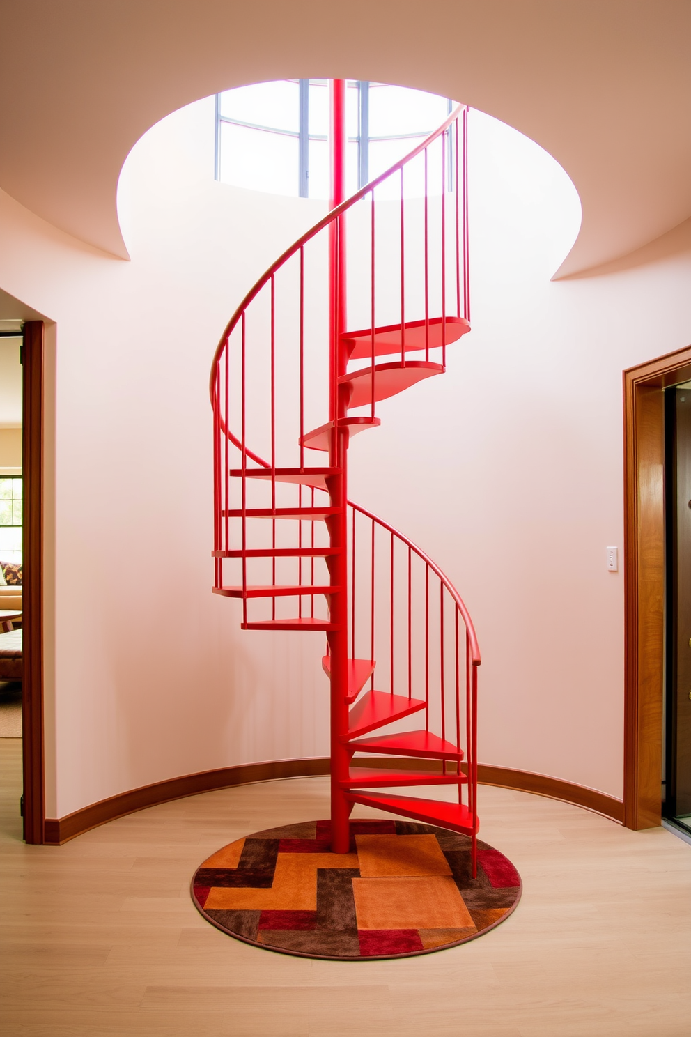 A striking red spiral staircase with a sleek metal railing elegantly winds upwards, creating a bold focal point in the room. The vibrant red finish contrasts beautifully with the surrounding neutral walls, enhancing the modern aesthetic of the space. The staircase features a smooth, polished surface that reflects light, adding a sense of openness and airiness. Below, a stylish area rug in complementary colors anchors the space, providing a warm touch to the contemporary design.