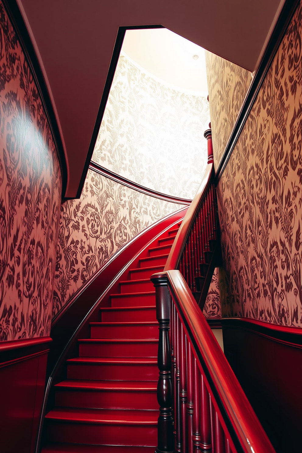 A striking red staircase ascends gracefully, framed by vintage wallpaper that adds a touch of nostalgia. The intricate patterns of the wallpaper contrast beautifully with the bold hue of the staircase, creating a stunning focal point in the space. The staircase features a polished wooden railing that complements the vintage aesthetic. Soft lighting highlights the textures of the wallpaper and the vibrant red, enhancing the overall ambiance of the area.