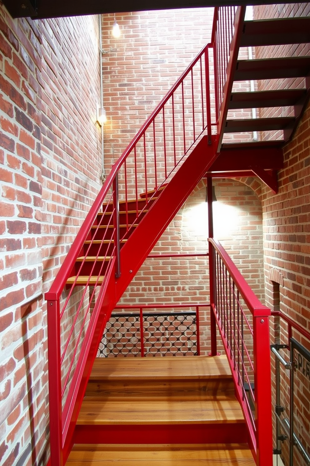 An industrial red staircase with metal accents features a bold crimson color that contrasts beautifully with the exposed brick walls surrounding it. The staircase is designed with sleek metal railings that add a modern touch, creating a striking focal point in the space. The steps are crafted from reclaimed wood, providing warmth and texture that complements the industrial aesthetic. Ambient lighting highlights the staircase, enhancing its dramatic presence while ensuring safety and visibility.