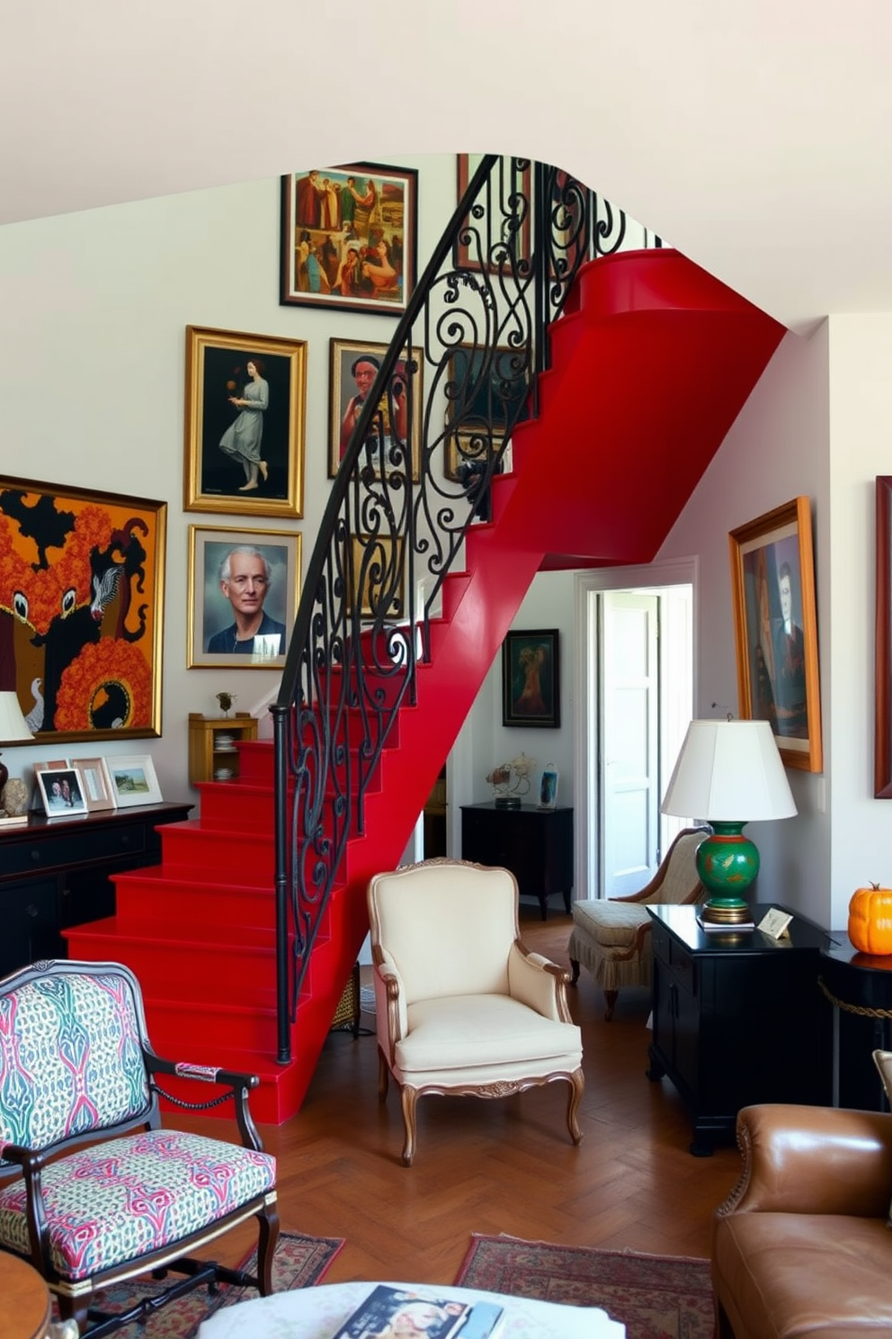 A bold red staircase serves as a striking focal point in an eclectic interior. The staircase features a modern design with intricate wrought iron railings that complement the vibrant hue. Surrounding the staircase, a mix of vintage and contemporary furniture creates a dynamic atmosphere. Colorful artwork adorns the walls, enhancing the eclectic feel of the space.