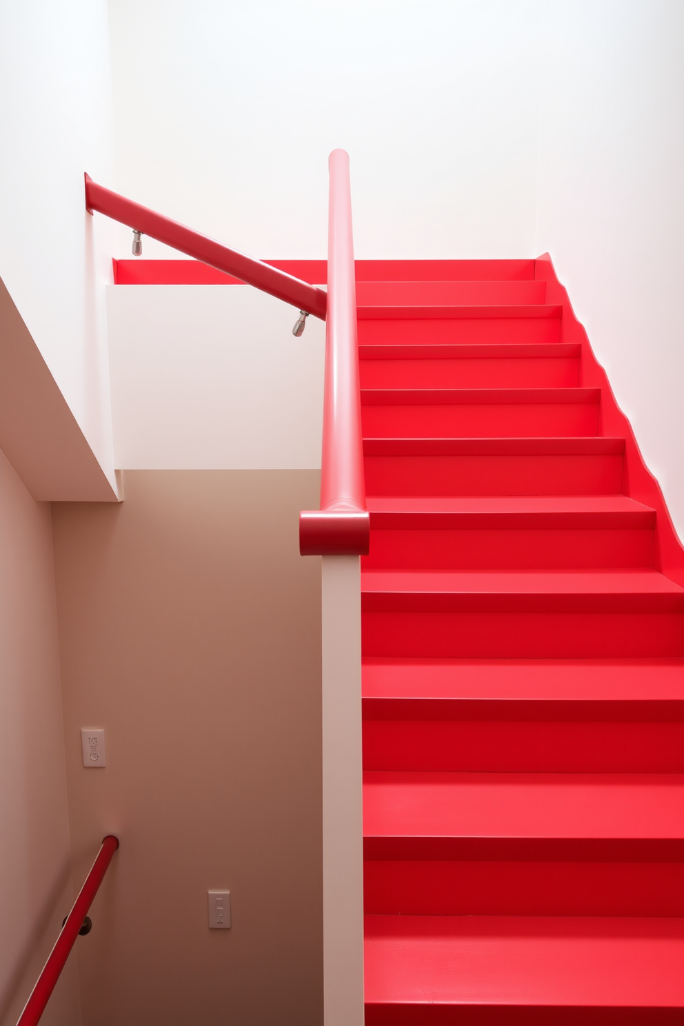 A minimalist red staircase with clean lines elegantly ascends to the upper floor. The staircase features a sleek design with a smooth finish, complemented by a simple railing that enhances its modern aesthetic.