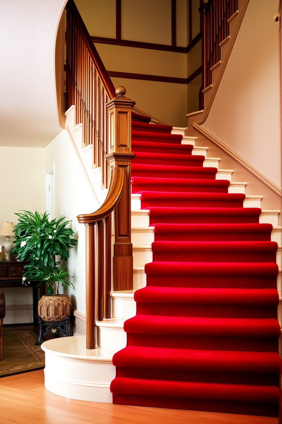 A luxurious red staircase featuring plush carpeting that cascades down each step. The rich hue of the red carpet contrasts beautifully with the elegant wooden banister, creating a stunning focal point in the entryway.