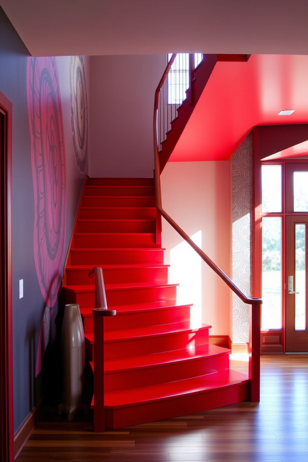 A striking red staircase ascends gracefully, its bold color creating a vibrant focal point in the entryway. The walls alongside are adorned with artistic murals that showcase intricate designs, adding depth and character to the space. The staircase features sleek wooden railings that complement the rich hue of the steps. Natural light pours in from a nearby window, highlighting the dynamic interplay between the red staircase and the colorful murals.