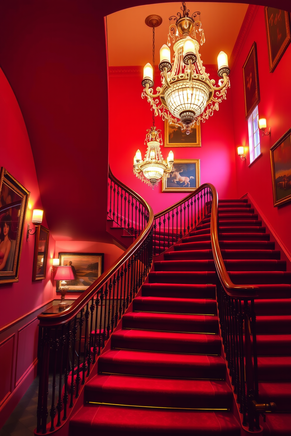 A classic red staircase features rich crimson carpeting that cascades down each step, enhancing the grandeur of the space. Elegant chandeliers hang gracefully from the ceiling, casting a warm glow and highlighting the intricate details of the staircase railing. The walls are adorned with tasteful artwork that complements the bold color of the staircase, creating a cohesive design. Soft lighting accentuates the curves of the staircase, inviting guests to ascend in style.