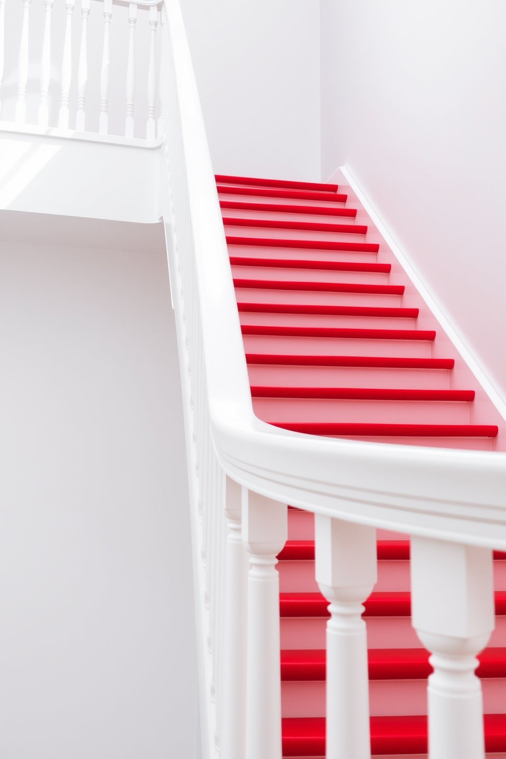 A striking red staircase ascends gracefully, featuring a sleek design that captures attention. The contrasting white balustrade elegantly frames the staircase, adding a touch of sophistication to the overall aesthetic.